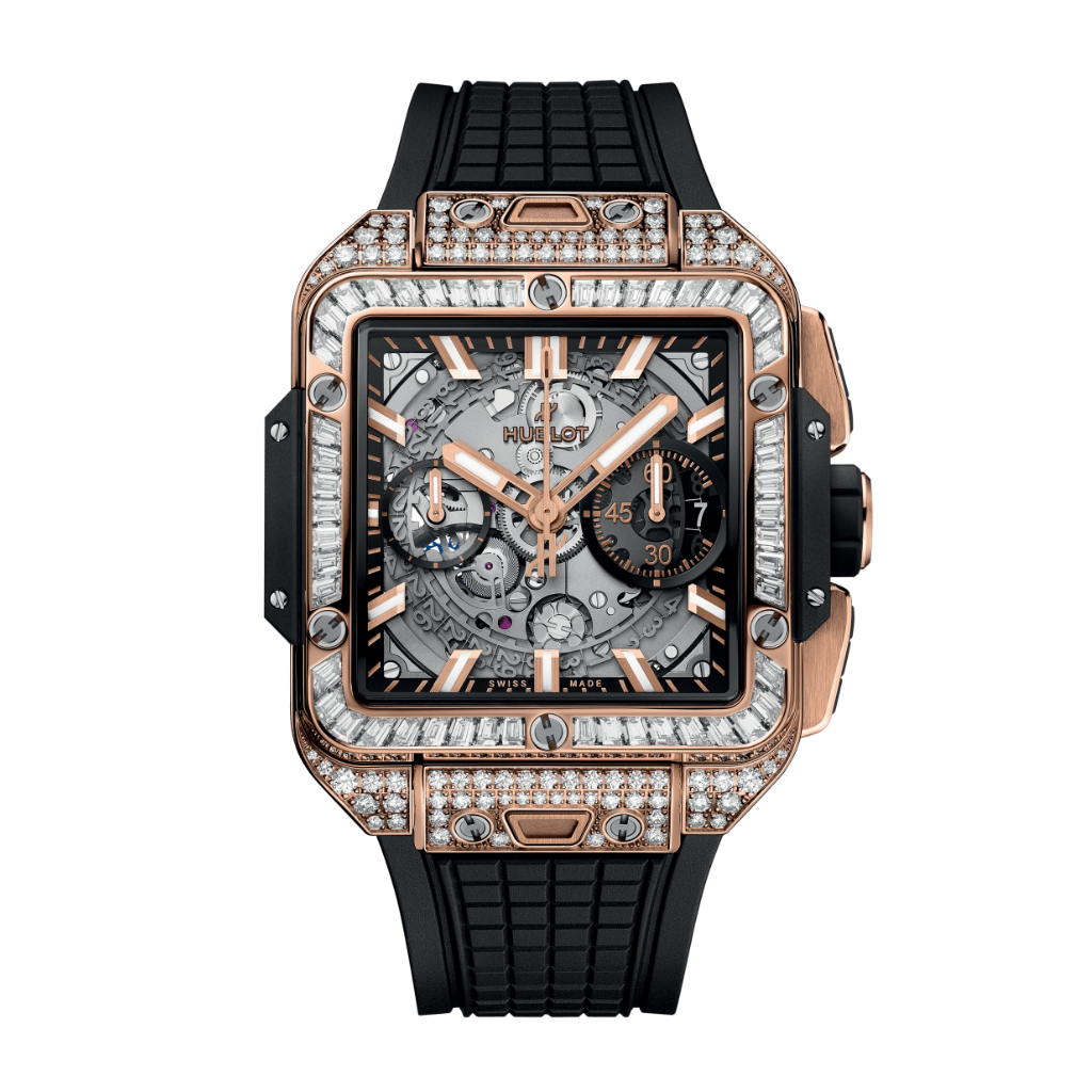 Hublot Square Bang Unico King Gold Jewellery 42 mm Transparent Dial with Diamonds Polished 18K King Gold Rubber Strap 821.OX.0180.RX.0904 - WATCHXNYC