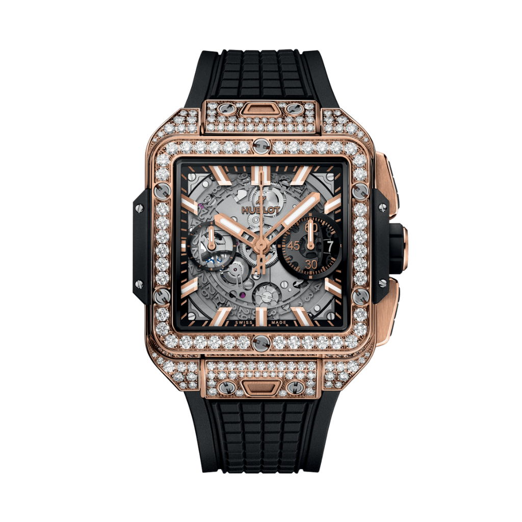 Hublot Square Bang Unico King Gold Pavé 42 mm Transparent Dial with Diamonds Polished 18K King Gold Rubber Strap 821.OX.0180.RX.1604 - WATCHXNYC