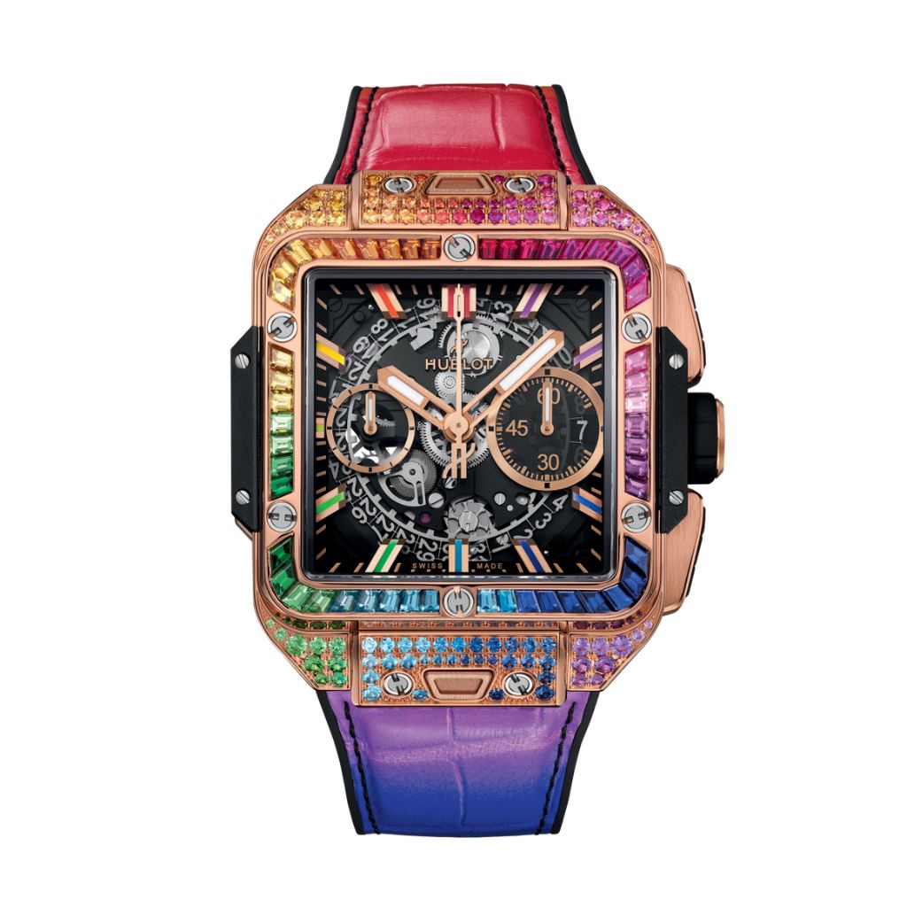 Hublot Square Bang Unico King Gold Rainbow 42 mm Black Dial with Diamonds Polished 18K King Gold   Leather Strap 821.OX.0118.LR.0999 - WATCHXNYC