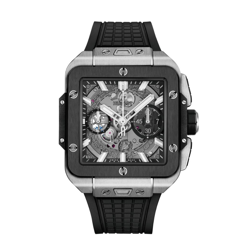 Hublot Square Bang Unico Titanium Ceramic 42 mm Transparent Dial Polished Titanium Rubber Strap 821.NM.0170.RX - WATCHXNYC