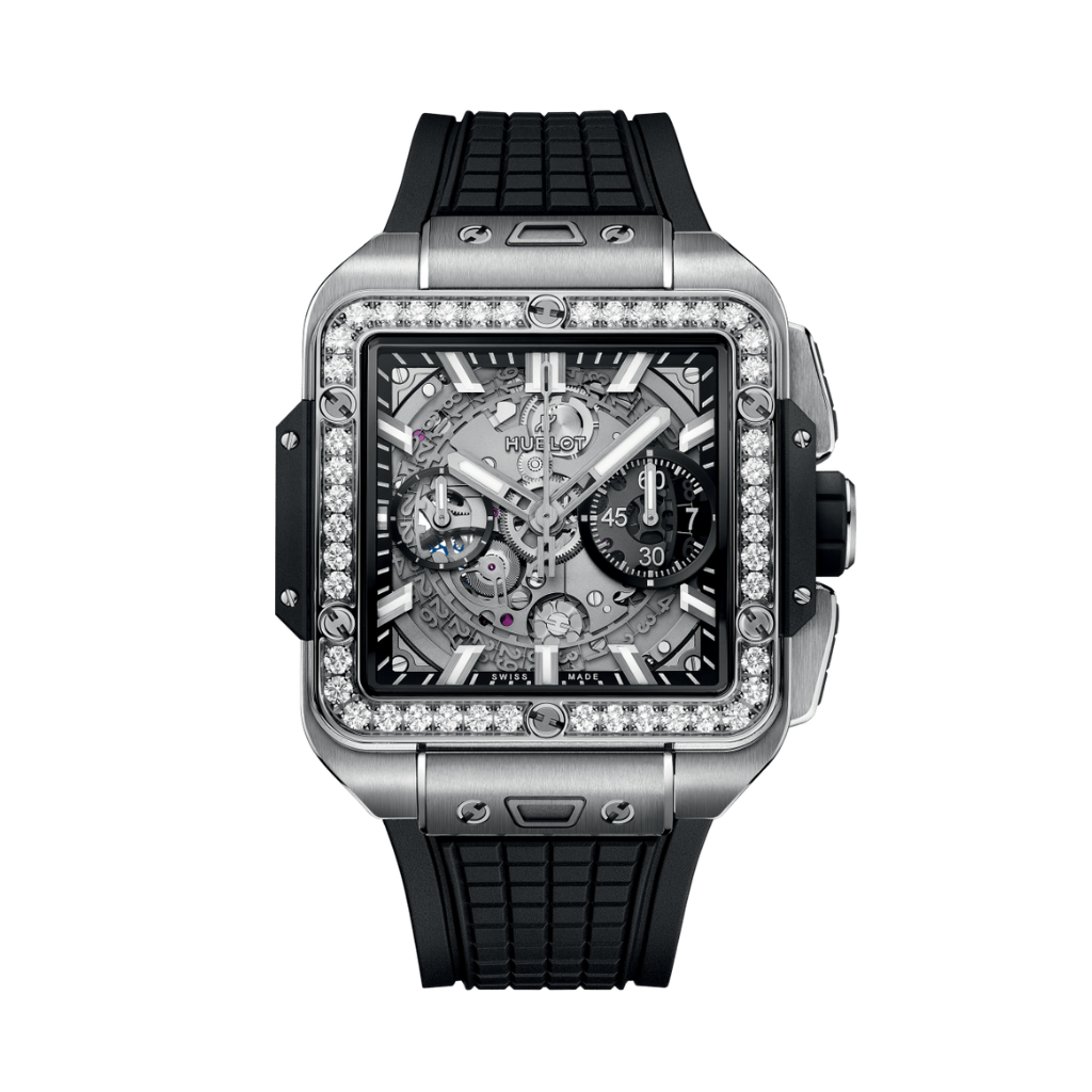 Hublot Square Bang Unico Titanium Diamonds 42 mm Transparent Dial with Diamonds Polished Titanium Rubber Strap 821.NX.0170.RX.1204 - WATCHXNYC