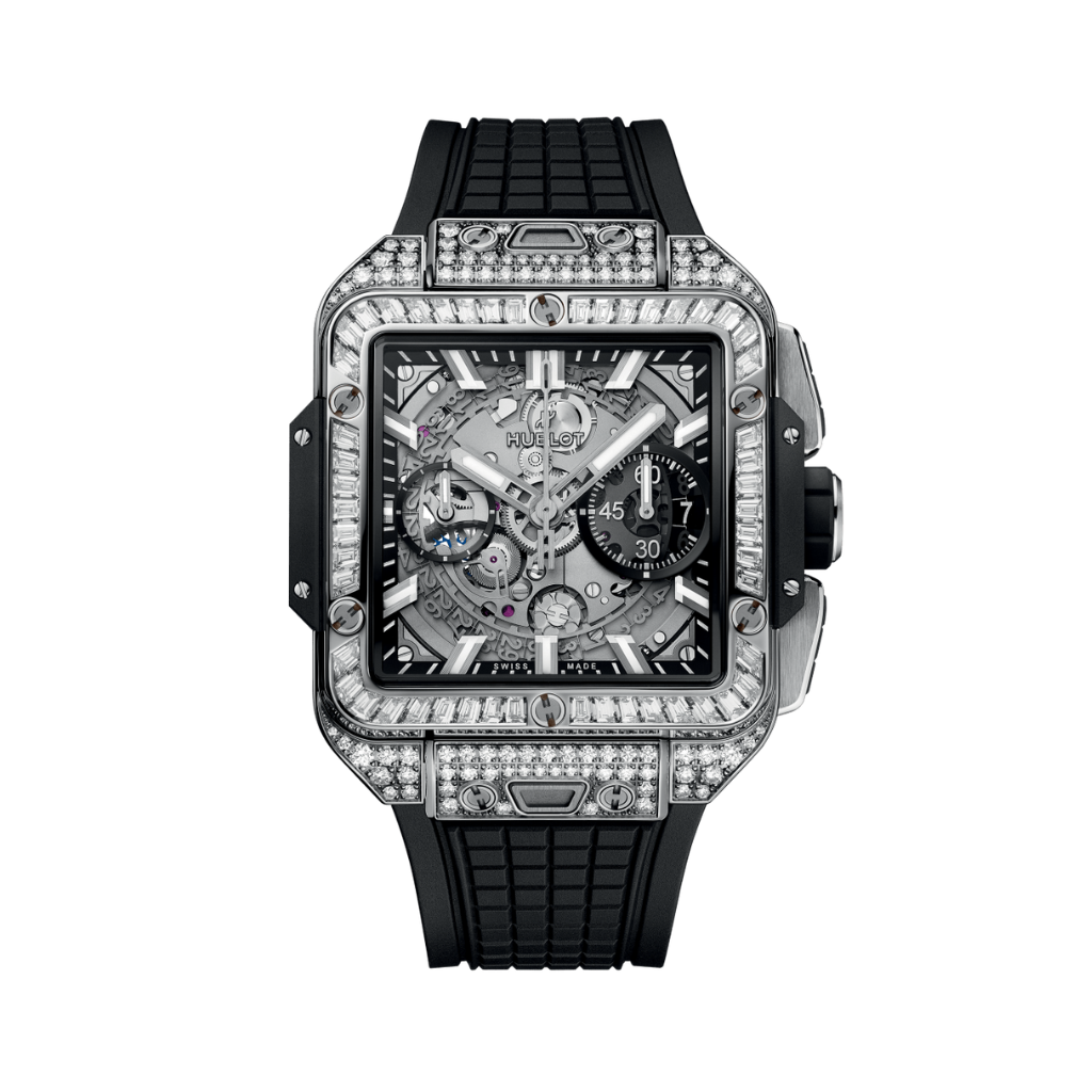 Hublot Square Bang Unico Titanium Jewellery 42 mm Transparent Dial with Diamonds Polished Titanium Rubber Strap 821.NX.0170.RX.0904 - WATCHXNYC