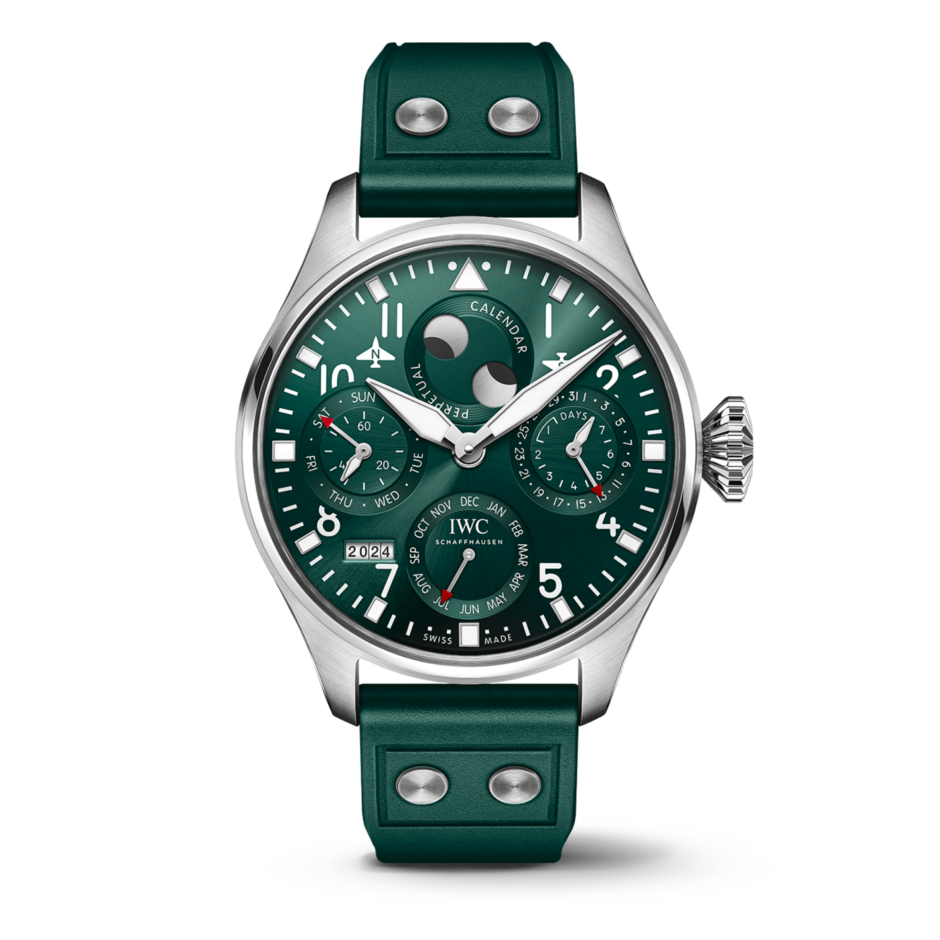 IWC Schaffhausen Big Pilot's Watch Perpetual Calendar 46.2  mm Green  Dial Stainless Steel Green Rubber Strap IW503608 - WATCHXNYC