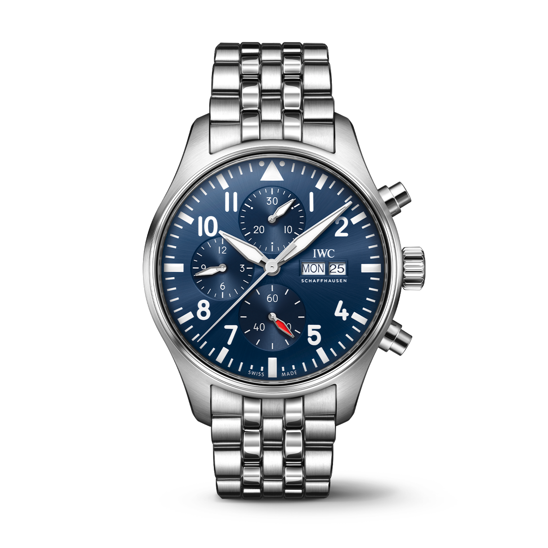 IWC Schaffhausen Pilot&#39;s Watch Chronograph 43 mm Blue  Dial Stainless Steel Bracelet IW378004 - WATCHXNYC