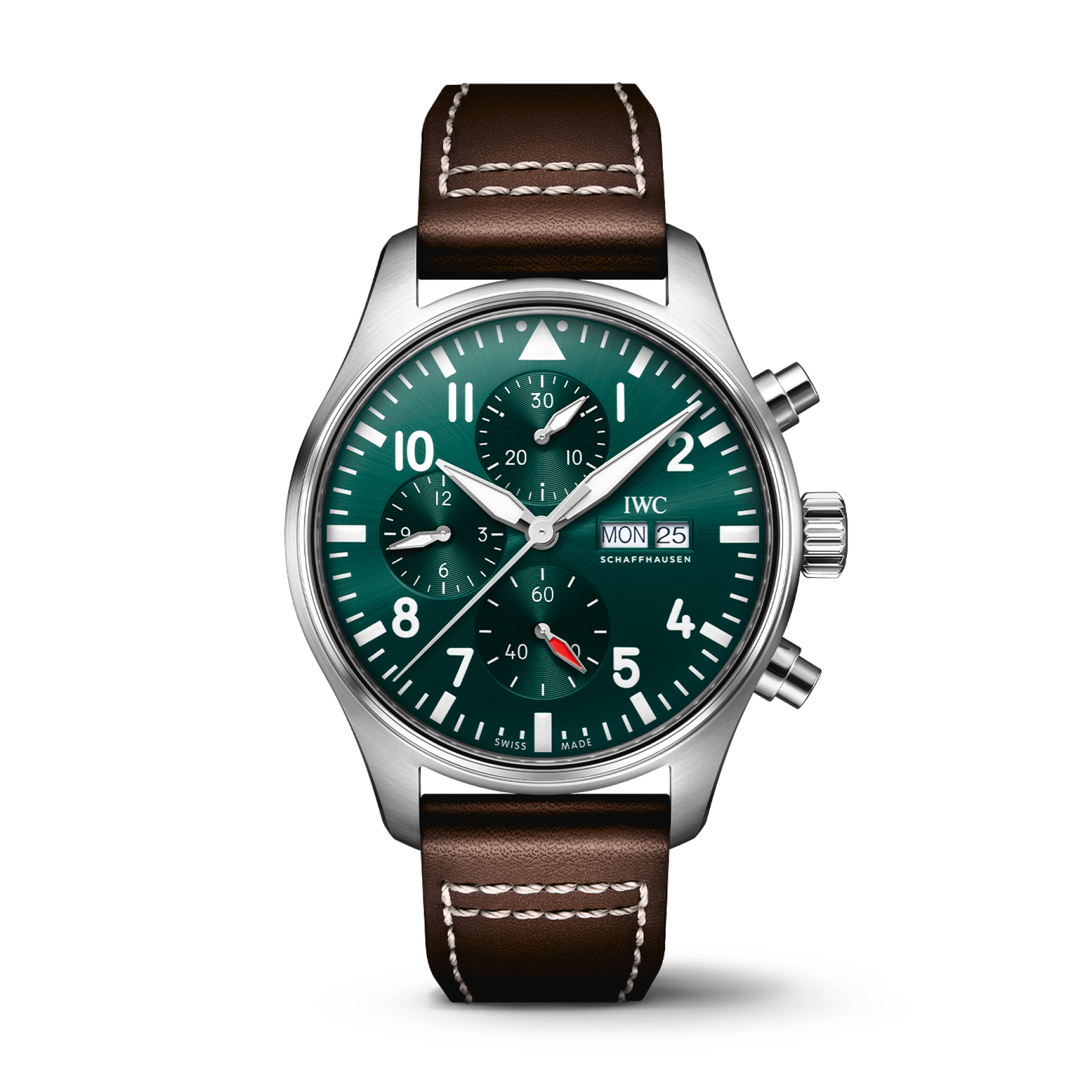 IWC Schaffhausen Pilot's Watch Chronograph 43 mm Green Dial Stainless Steel Brown   Strap IW378005 - WATCHXNYC