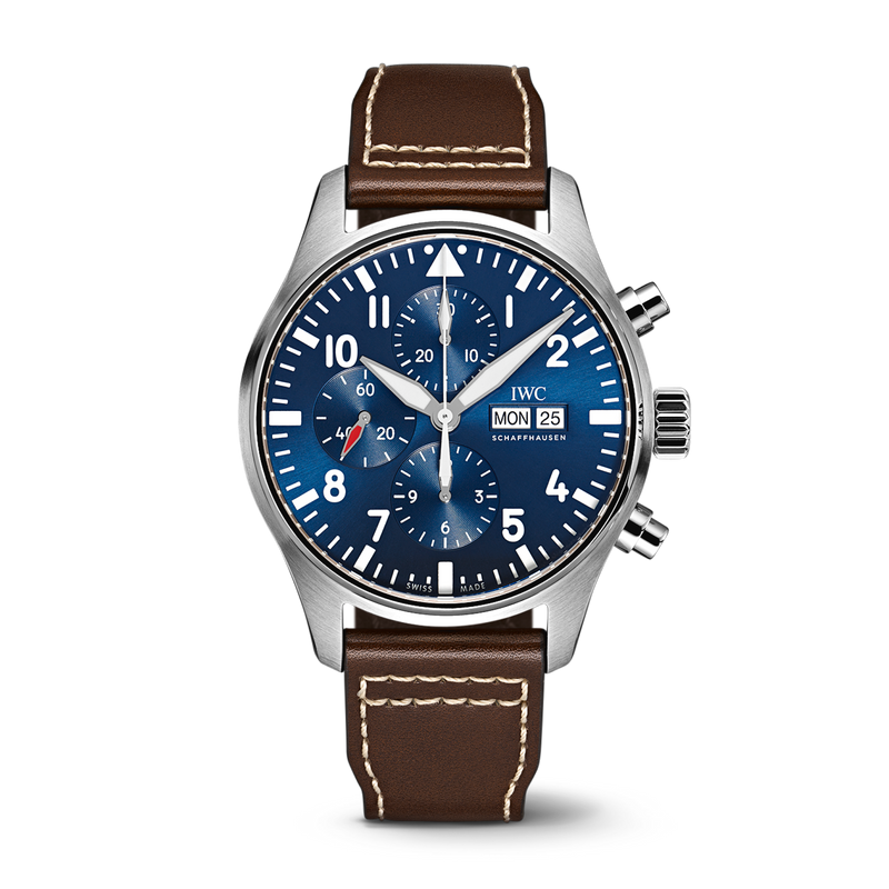 Reloj de aviador IWC Schaffhausen Edición Cronógrafo “Le Petit Prince” 43 mm Esfera azul Acero inoxidable Correa de piel de becerro marrón IW377714 