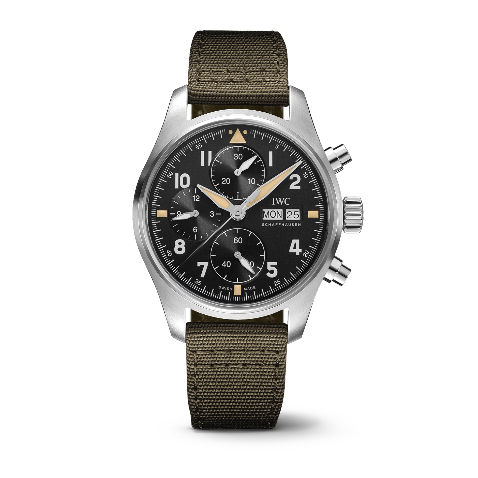IWC Schaffhausen Pilot’s Watch Chronograph Spitfire 41  mm Black Dial Stainless Steel Green Textile Strap IW387901 - WATCHXNYC