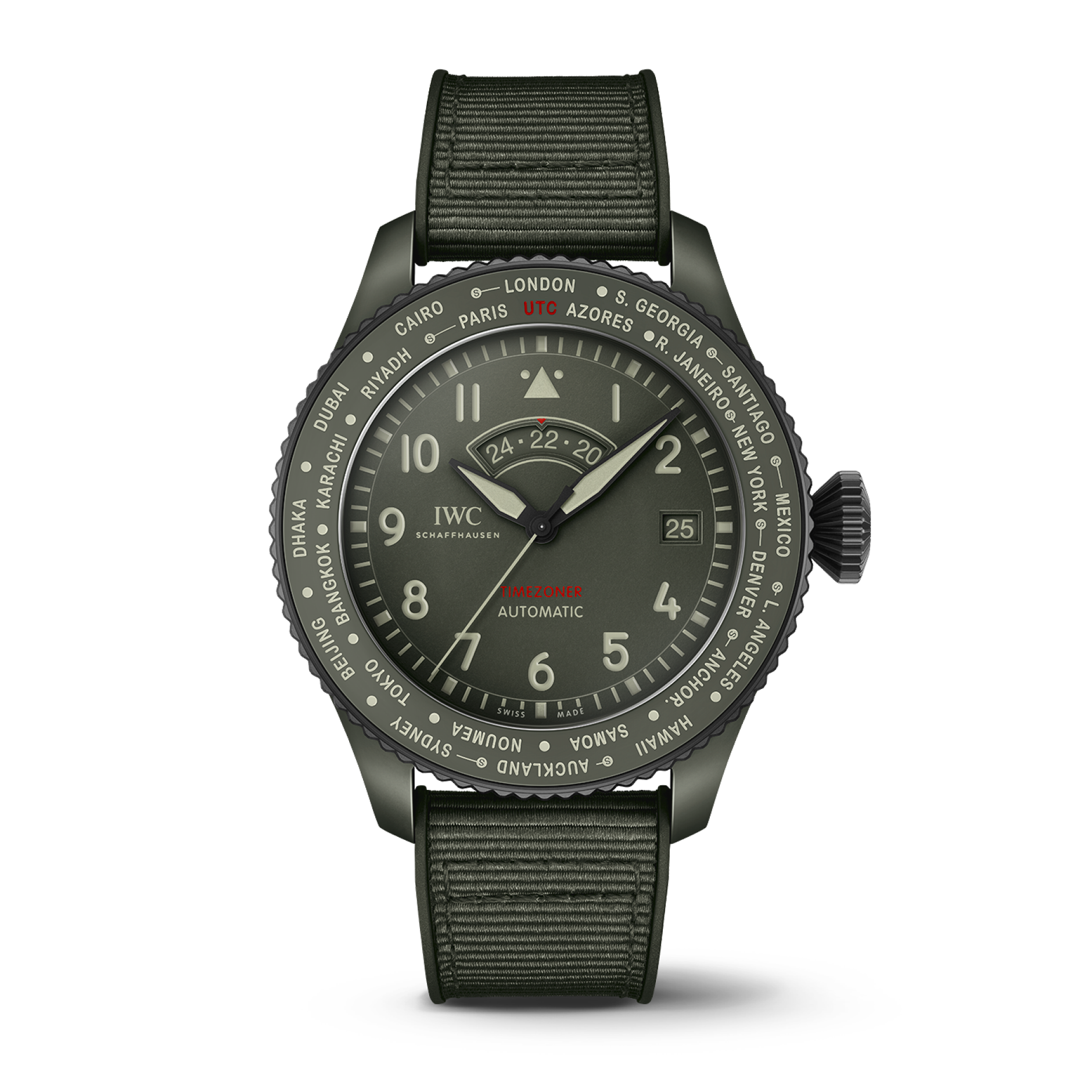 IWC Schaffhausen Pilot’s Watch Timezoner TOP GUN Woodland 46 mm Green Dial Ceramic Green Rubber Strap IW395601 - WATCHXNYC