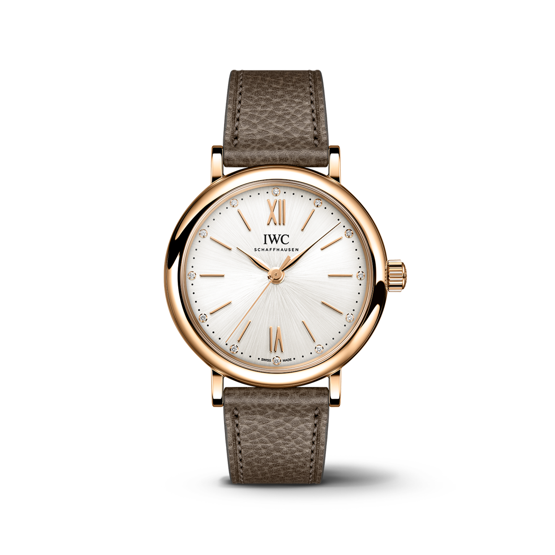 IWC Schaffhausen Portofino Automatic 34 mm Silver  Dial 18 Kt 5N Gold Case Taupe   Strap  IW357414 - WATCHXNYC
