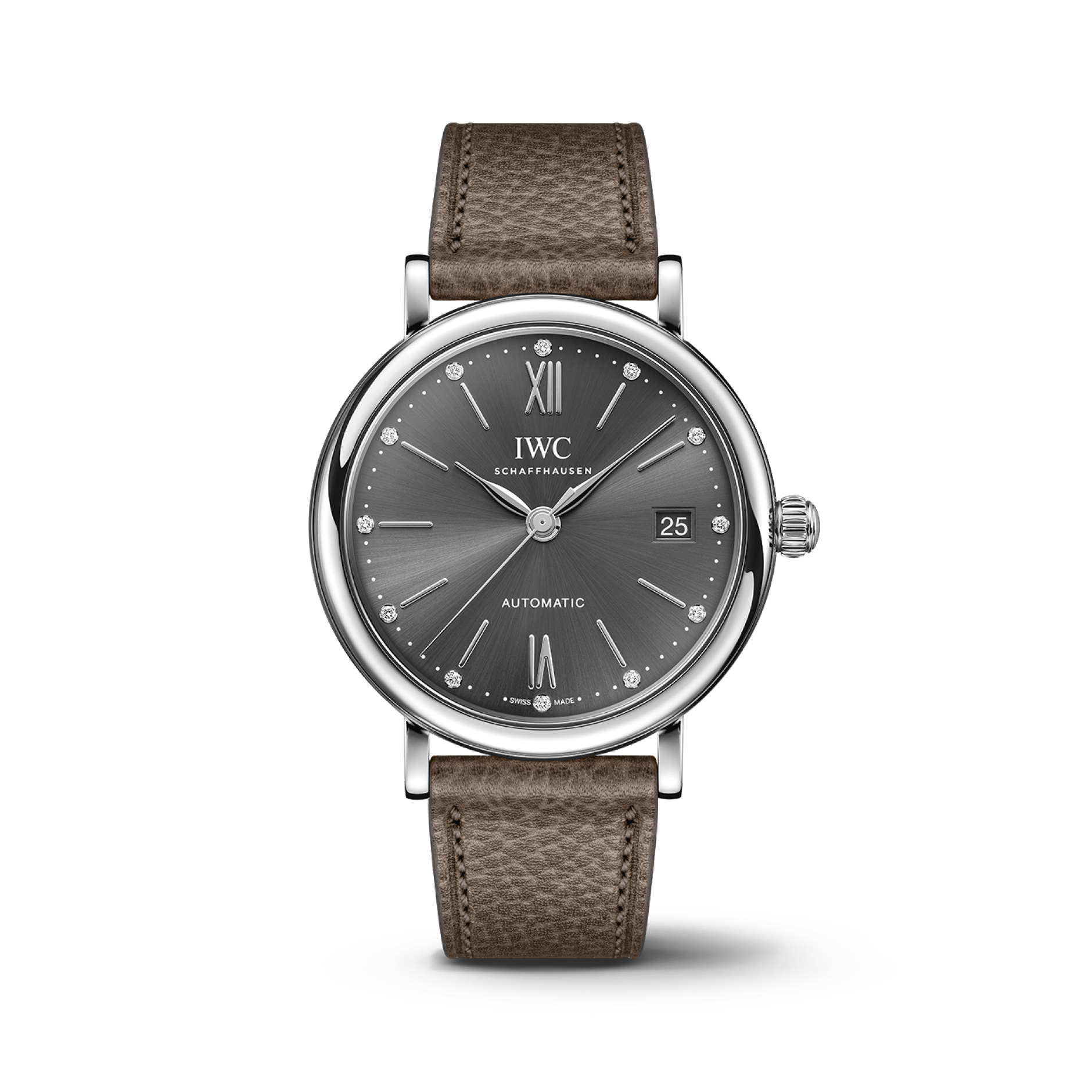 IWC Schaffhausen Portofino Automatic 37 mm Grey  Dial Stainless Steel Taupe   Strap IW458603 - WATCHXNYC