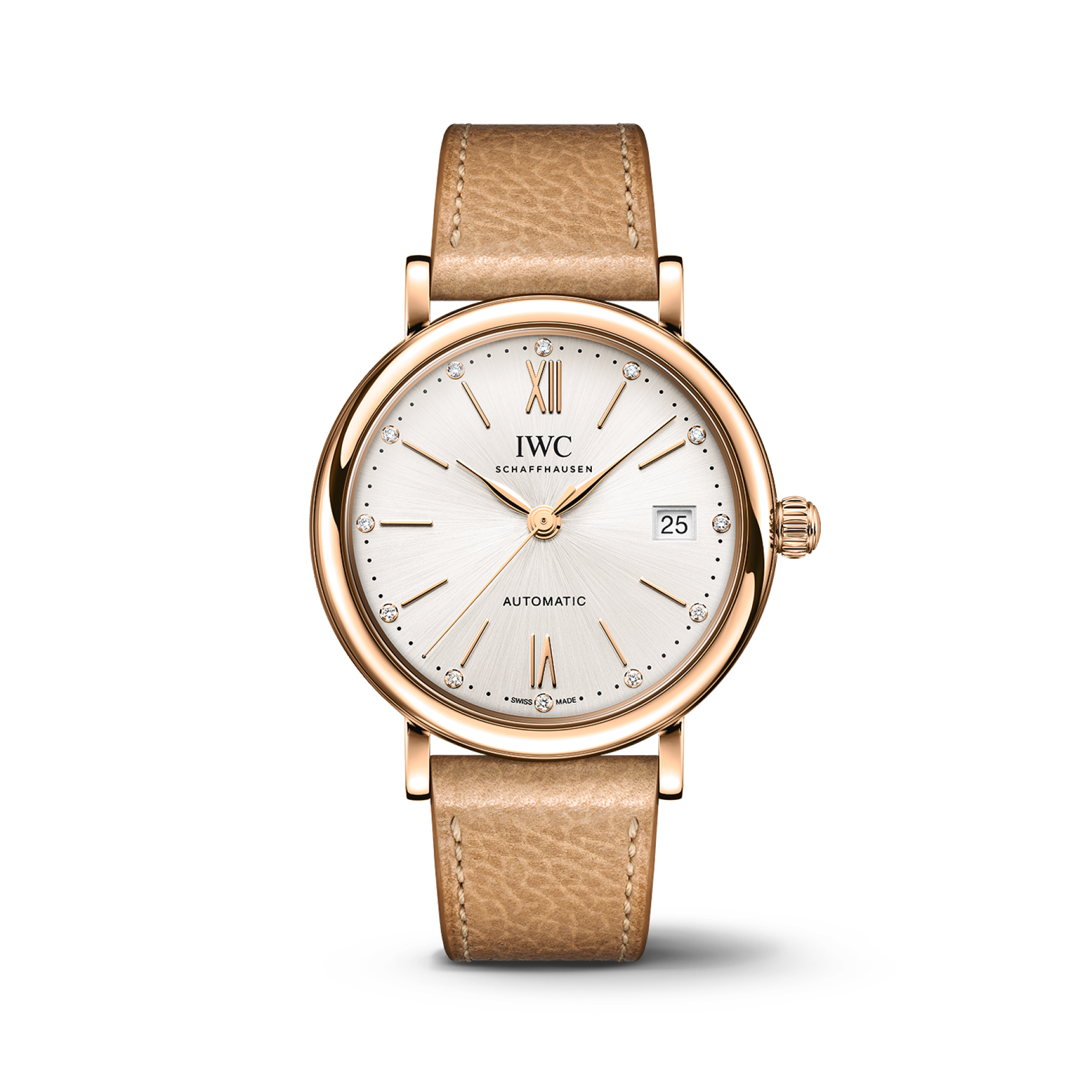 IWC Schaffhausen Portofino Automatic 37 mm Silver  Dial 18 Kt 5N Gold Case Beige   Strap  IW458606 - WATCHXNYC