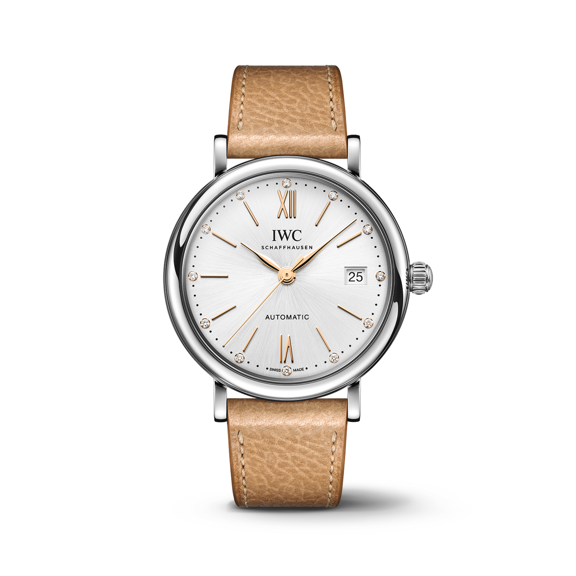 IWC Schaffhausen Portofino Automatic 37 mm Silver  Dial Stainless Steel Beige   Strap IW458601 - WATCHXNYC
