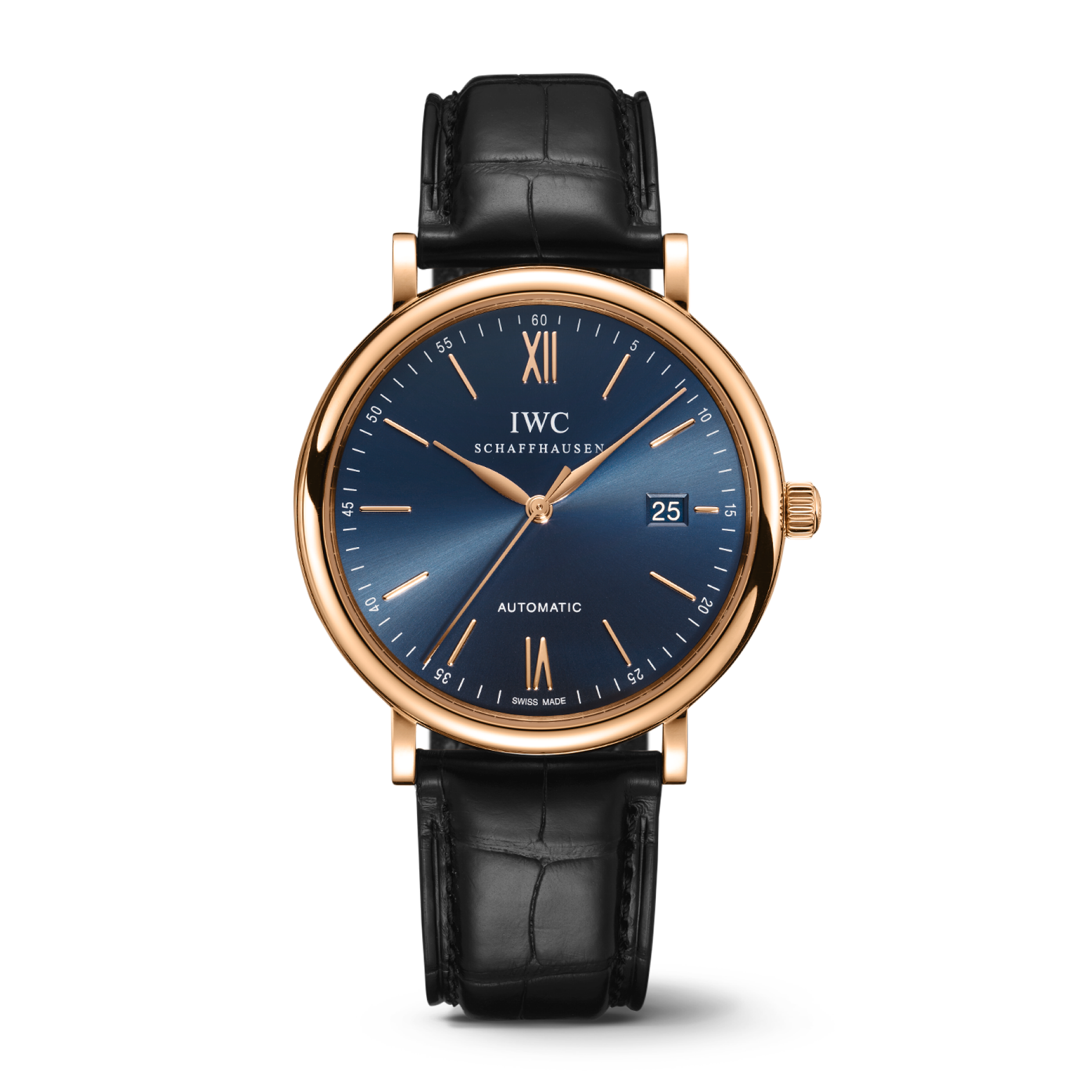 IWC Schaffhausen Portofino Automatic 40 mm Blue  Dial 18 Kt 5N Gold Case Black   Leather Strap IW356522 - WATCHXNYC