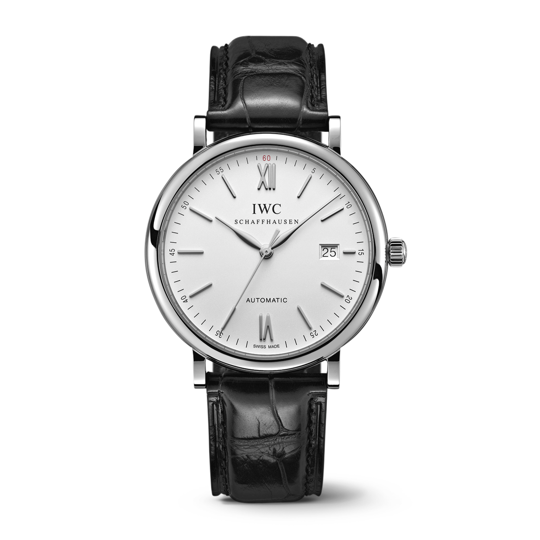 IWC Schaffhausen Portofino Automatic 40 mm Silver  Dial Stainless Steel Black   Leather Strap IW356501 - WATCHXNYC