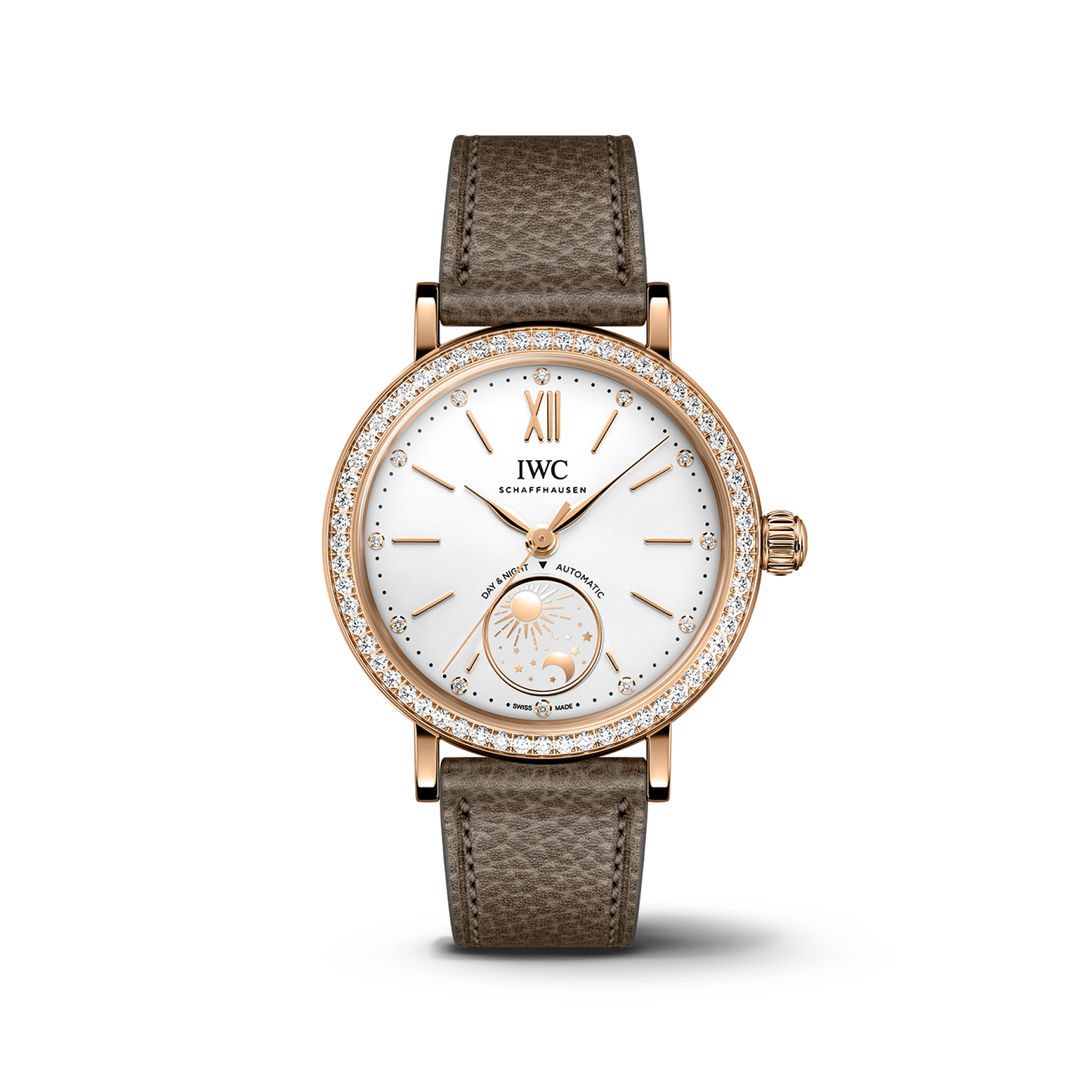 IWC Schaffhausen Portofino Automatic Day & Night 34 mm Silver  Dial 18 Kt 5N Gold Case Taupe   Strap IW659802 - WATCHXNYC