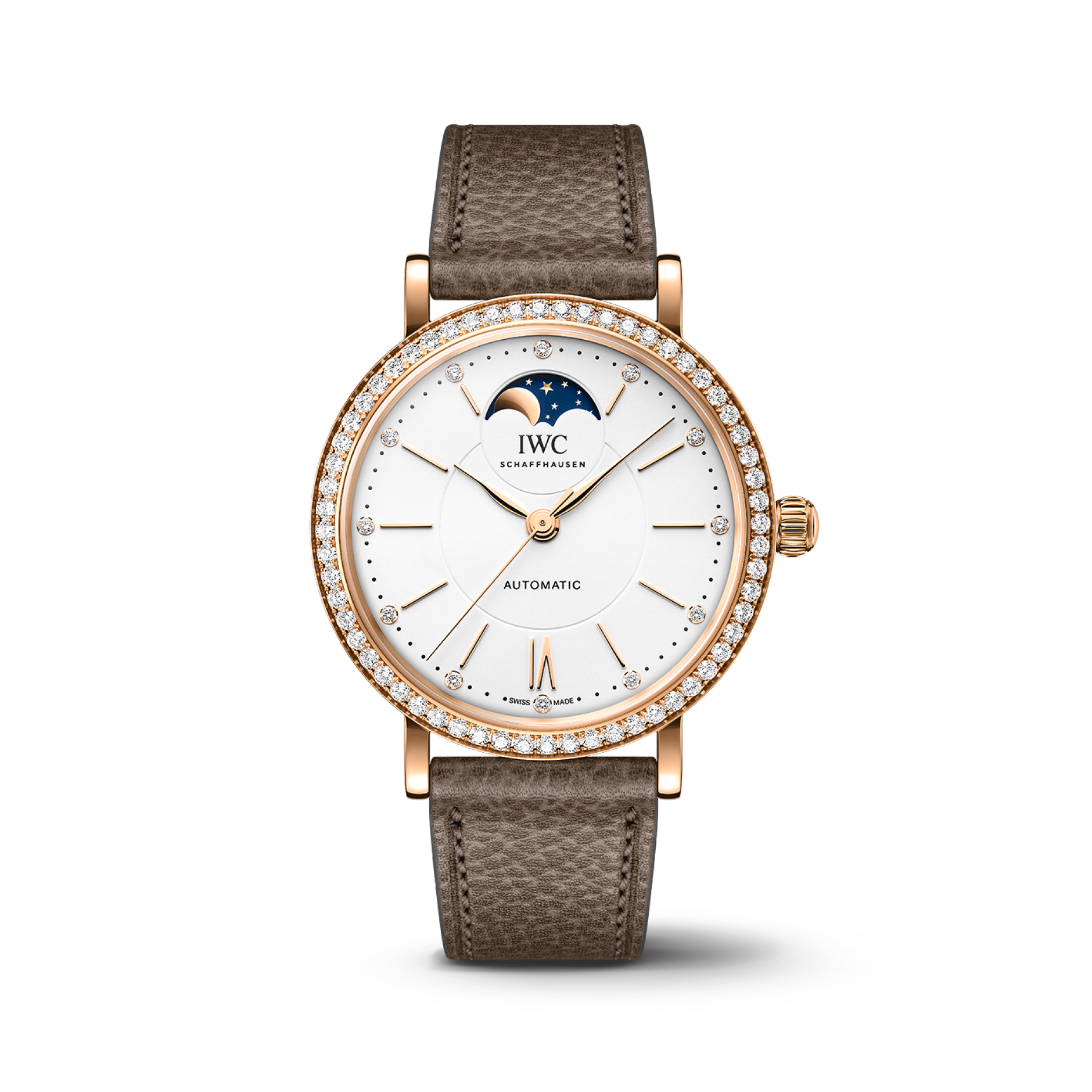 IWC Schaffhausen Portofino Automatic Moon Phase 37.1 mm Silver  Dial 18 Kt 5N Gold Case Taupe   Strap IW659602 - WATCHXNYC