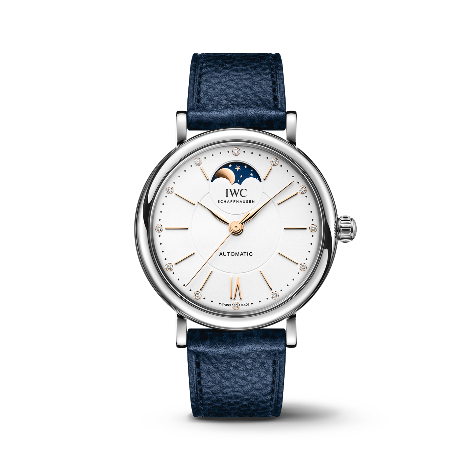 IWC Schaffhausen Portofino Automatic Moon Phase 37.1 mm Silver  Dial Stainless Steel Blue   Strap  IW459601 - WATCHXNYC