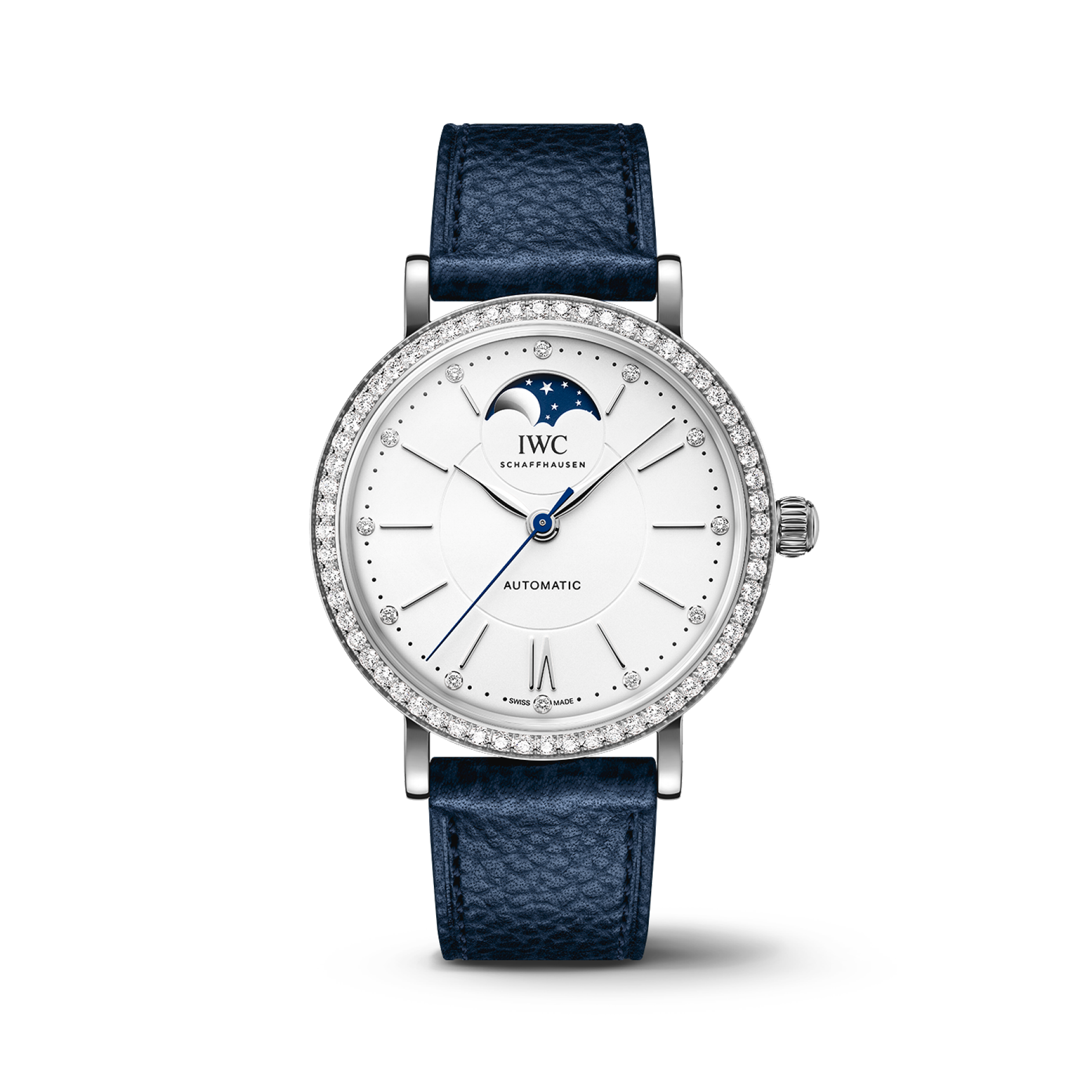 IWC Schaffhausen Portofino Automatic Moon Phase 37.1 mm Silver  Dial Stainless Steel Blue   Strap IW659601 - WATCHXNYC