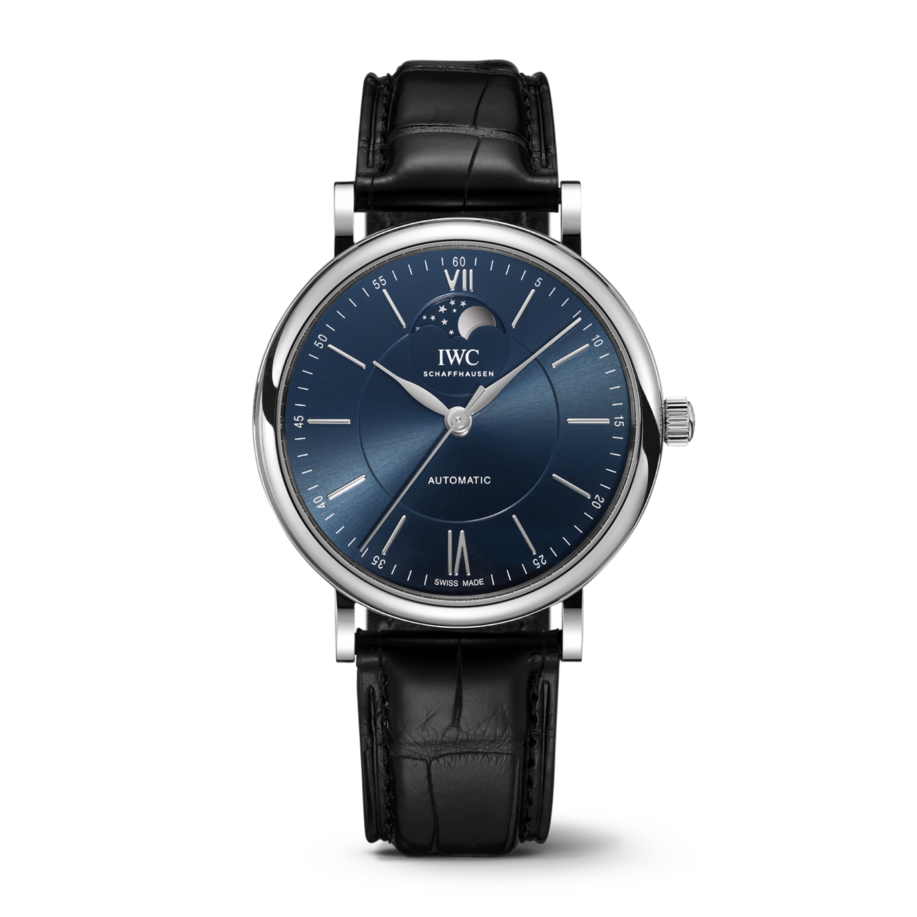 IWC Schaffhausen Portofino Automatic Moon Phase 40 mm Blue  Dial Stainless Steel Black   Leather Strap IW459402 - WATCHXNYC