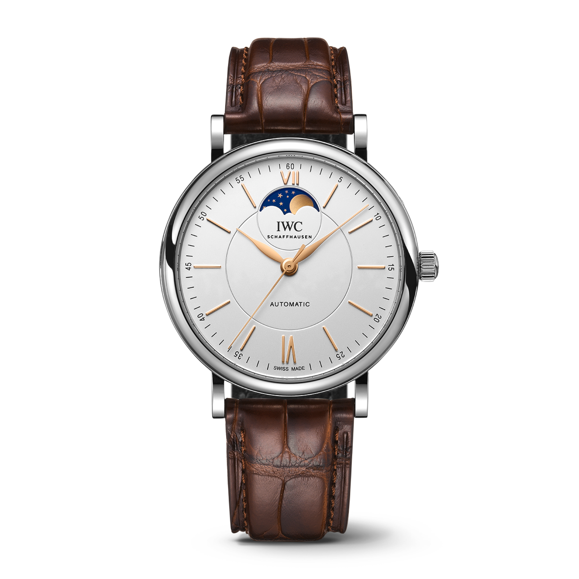 IWC Schaffhausen Portofino Automatic Moon Phase 40 mm Silver  Dial Stainless Steel Dark Brown   Leather Strap IW459401 - WATCHXNYC