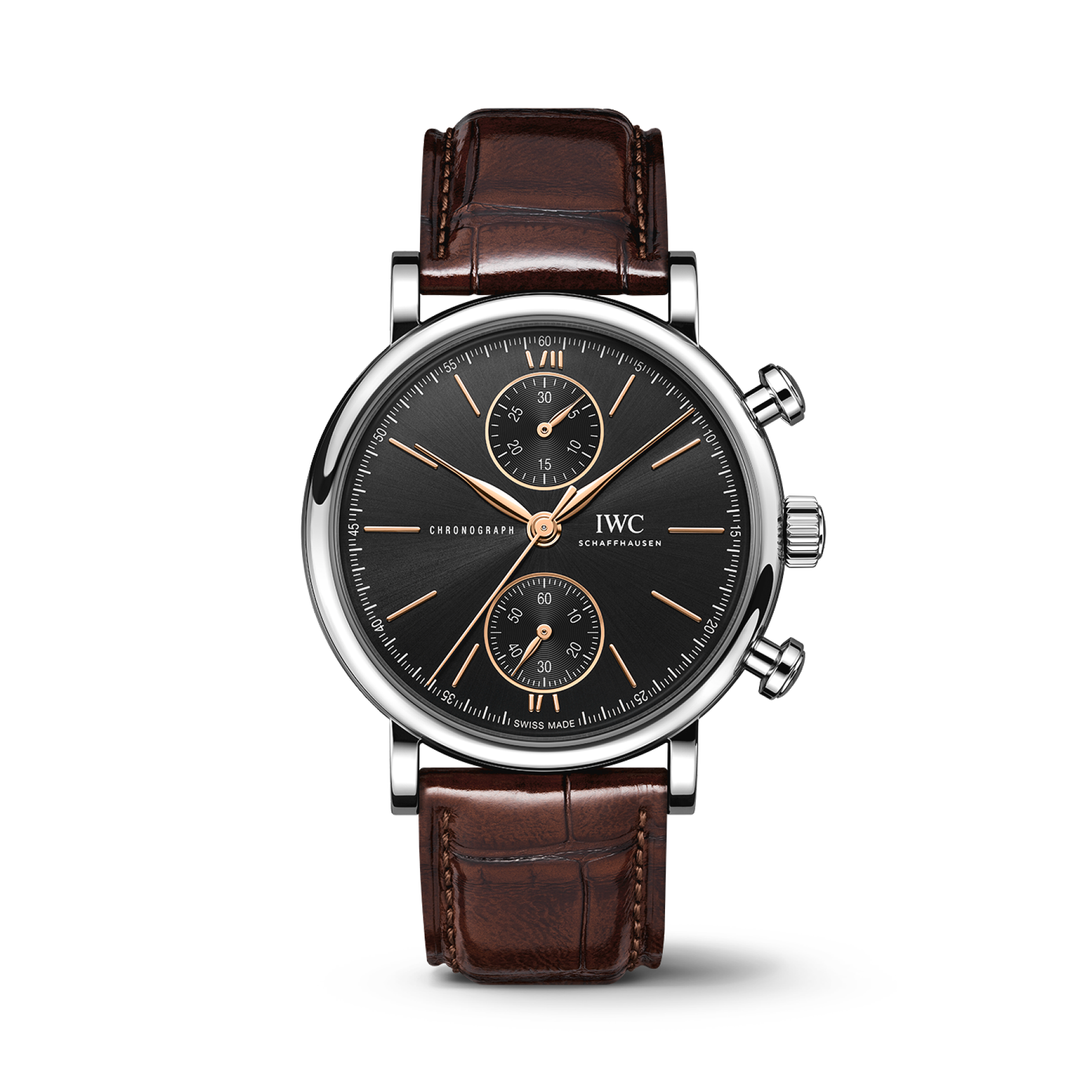 IWC Schaffhausen Portofino Chronograph 39 mm Black  Dial Stainless Steel Dark Brown   Leather Strap IW391404 - WATCHXNYC