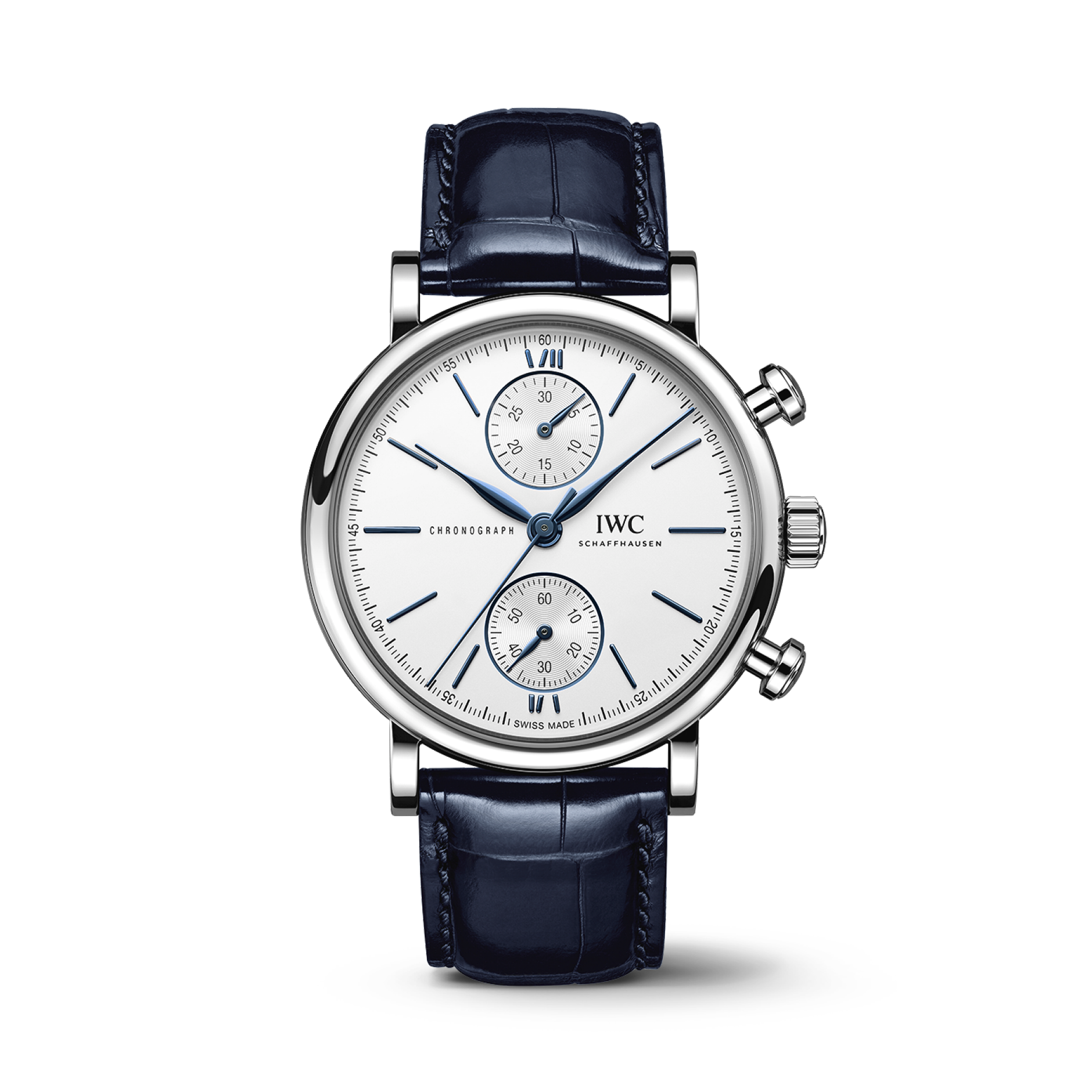 IWC Schaffhausen Portofino Chronograph 39 mm Silver  Dial Stainless Steel Blue   Leather Strap IW391407 - WATCHXNYC