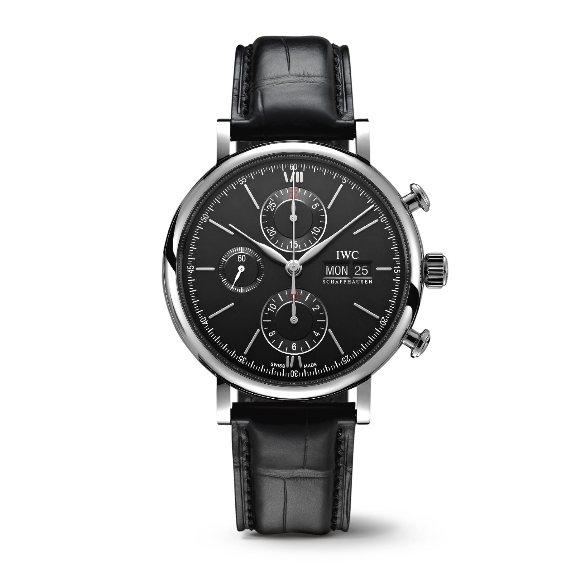 IWC Schaffhausen Portofino Chronograph 42 mm Black  Dial Stainless Steel Black   Leather Strap IW391029 - WATCHXNYC