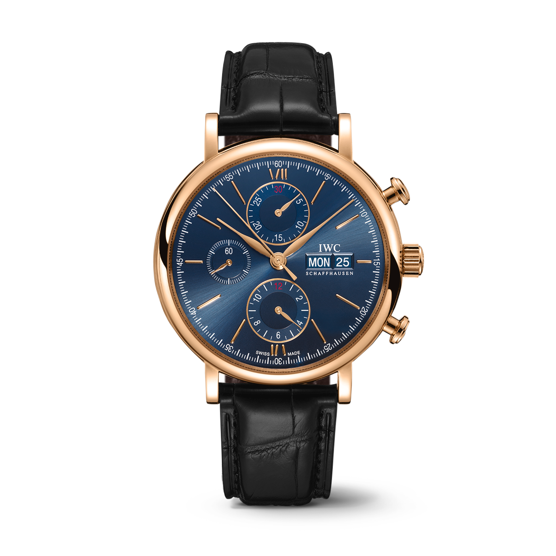 IWC Schaffhausen Portofino Chronograph 42 mm Blue  Dial 18 Kt 5N Gold Black   Leather Strap IW391035 - WATCHXNYC