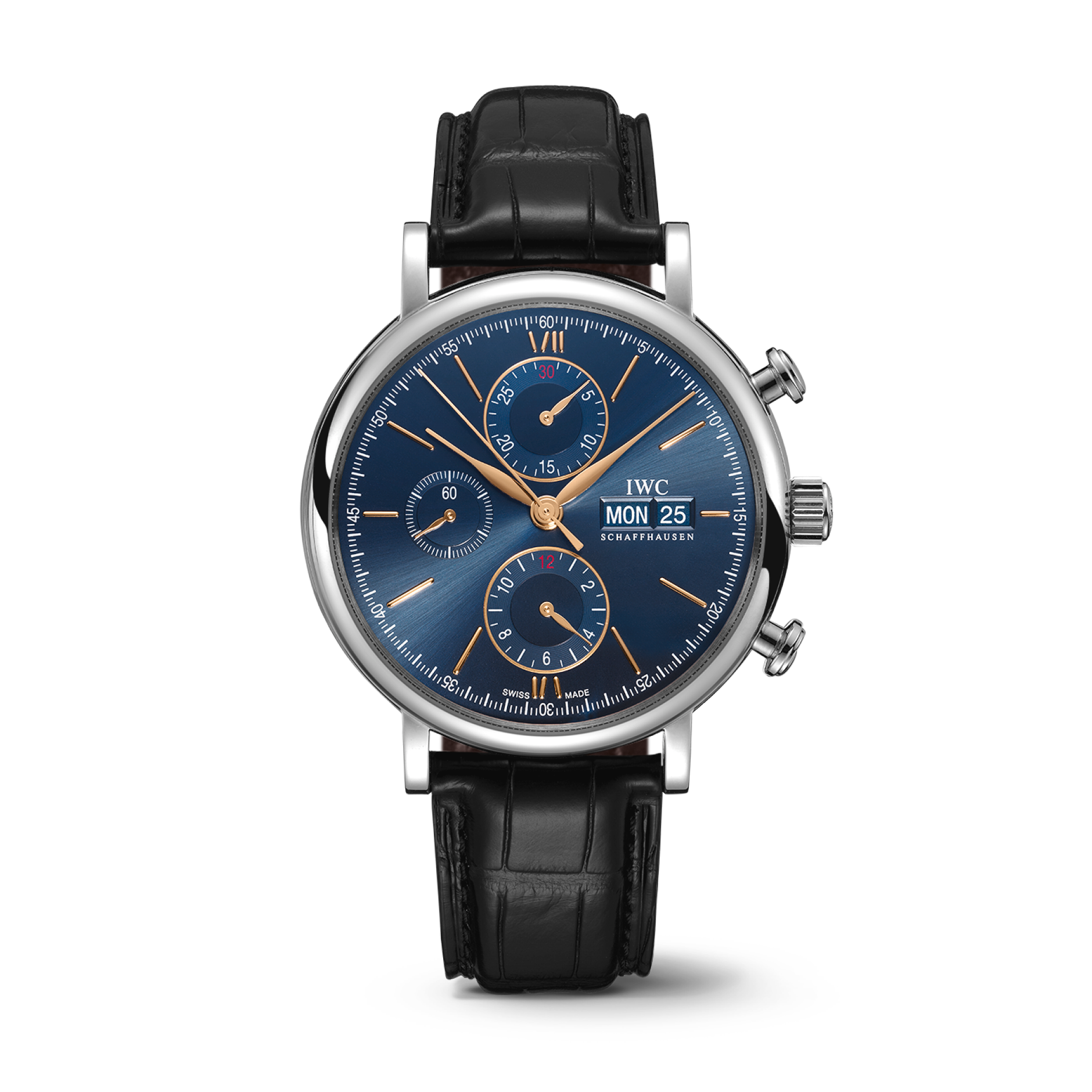 IWC Schaffhausen Portofino Chronograph 42 mm Blue  Dial Stainless Steel Black   Leather Strap IW391036 - WATCHXNYC