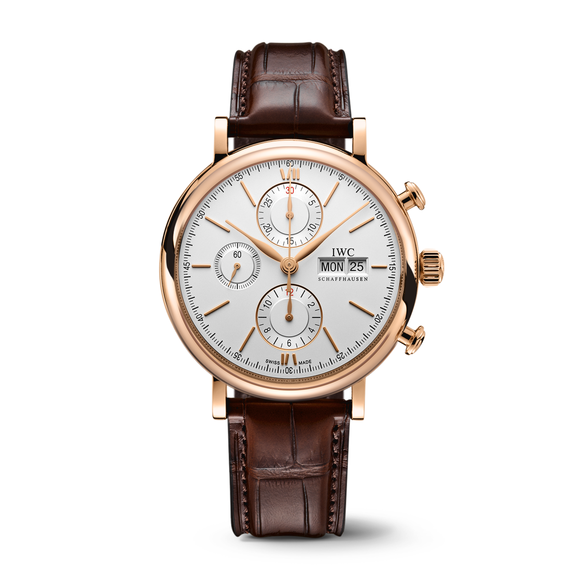 IWC Schaffhausen Portofino Chronograph 42 mm Silver  Dial 18 Kt 5N Gold Dark Brown   Leather Strap IW391025 - WATCHXNYC