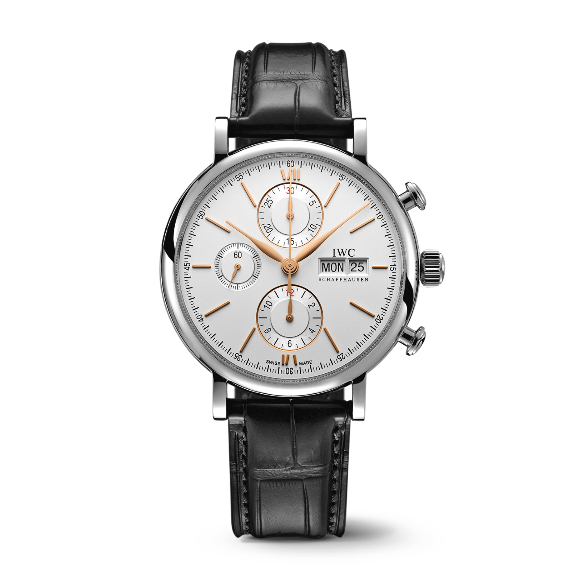 IWC Schaffhausen Portofino Chronograph 42 mm Silver  Dial Stainless Steel Black   Leather Strap IW391031 - WATCHXNYC