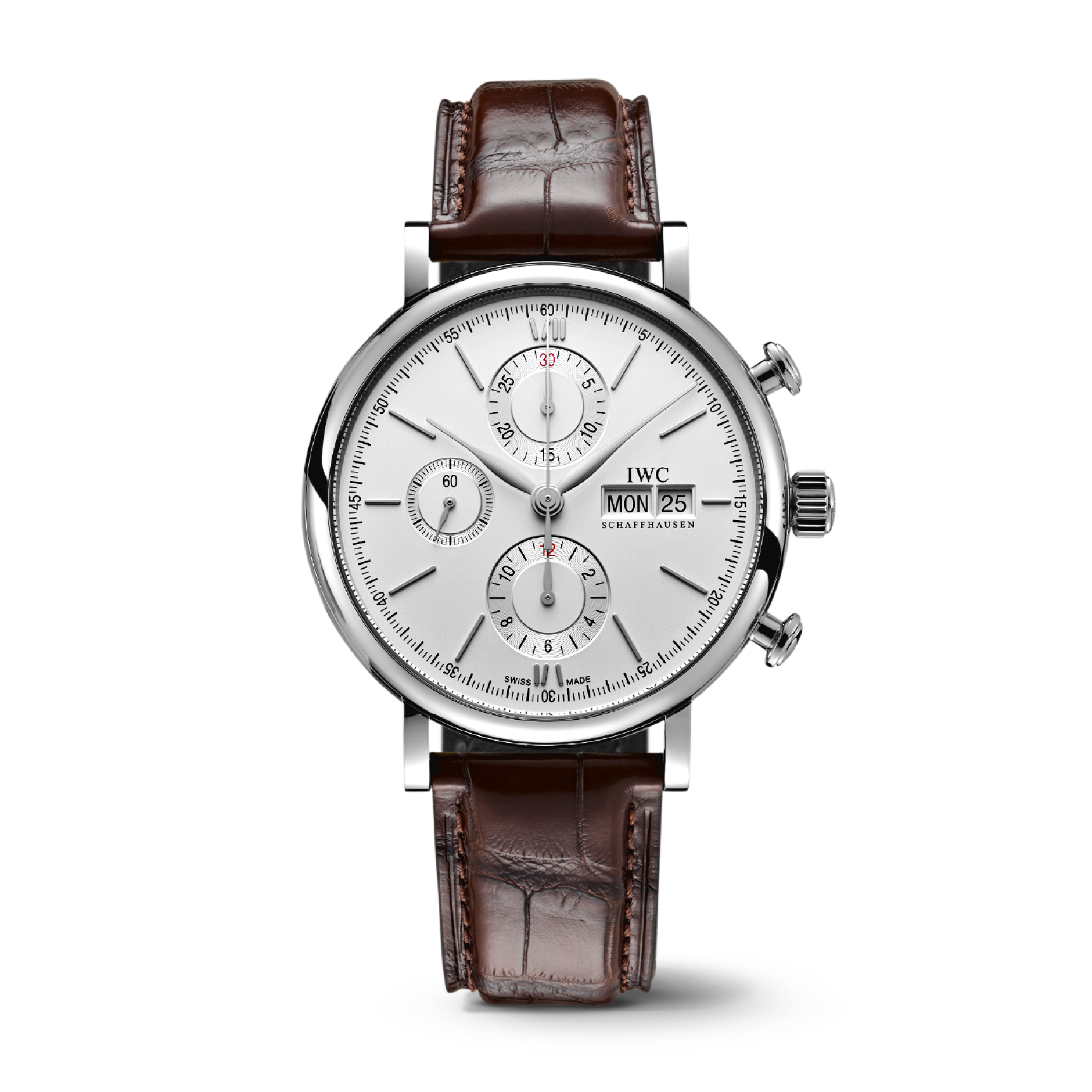 IWC Schaffhausen Portofino Chronograph 42 mm Silver  Dial Stainless Steel Dark Brown   Leather Strap IW391027 - WATCHXNYC