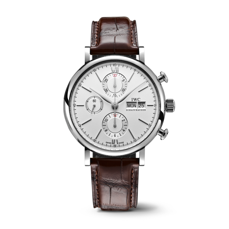 Cronógrafo IWC Schaffhausen Portofino de 42 mm, esfera plateada, acero inoxidable, correa de piel de aligátor marrón oscuro IW391027 