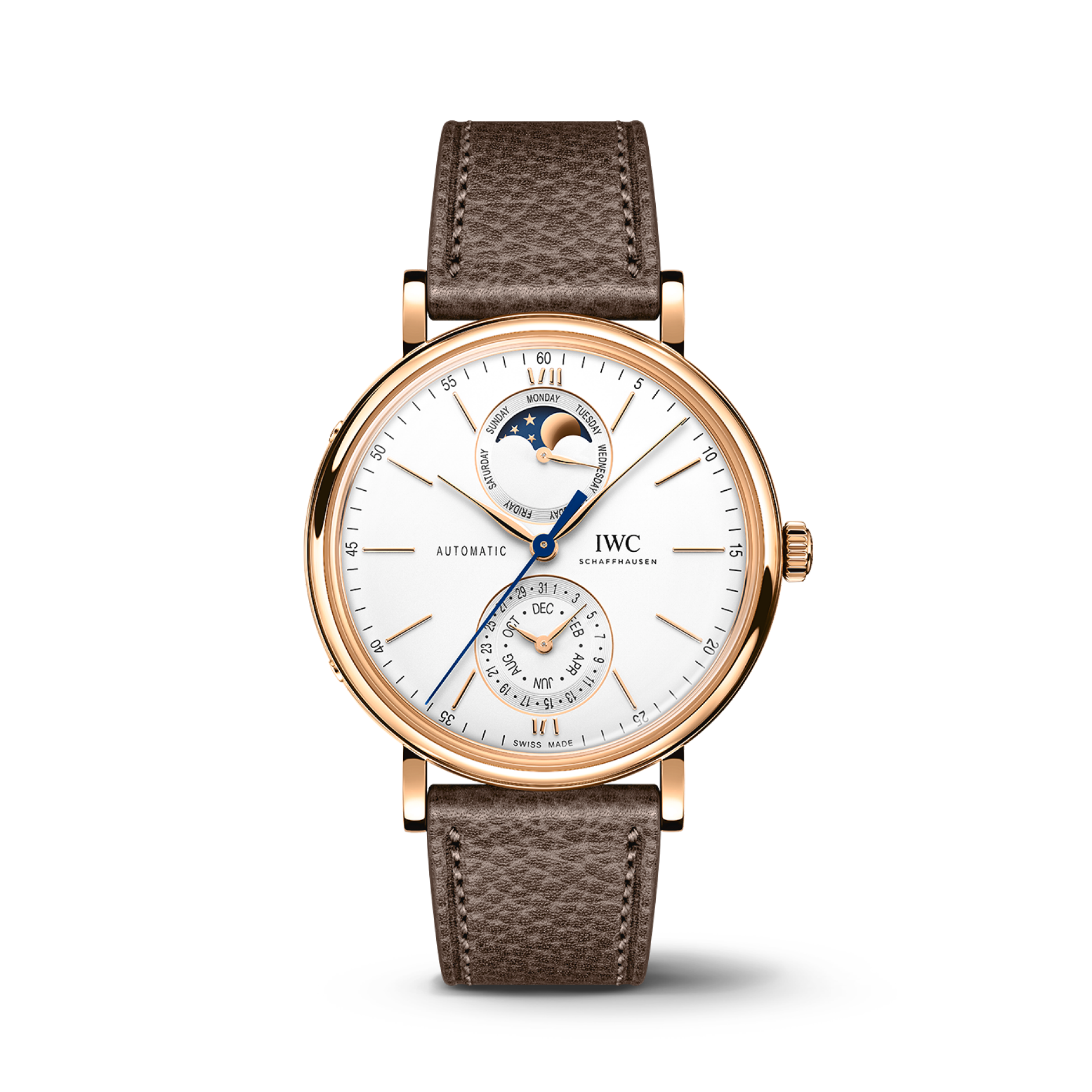 IWC Schaffhausen Portofino Complete Calendar 41 mm Silver  Dial 18 Kt 5N Gold Case Taupe   Strap IW359002 - WATCHXNYC