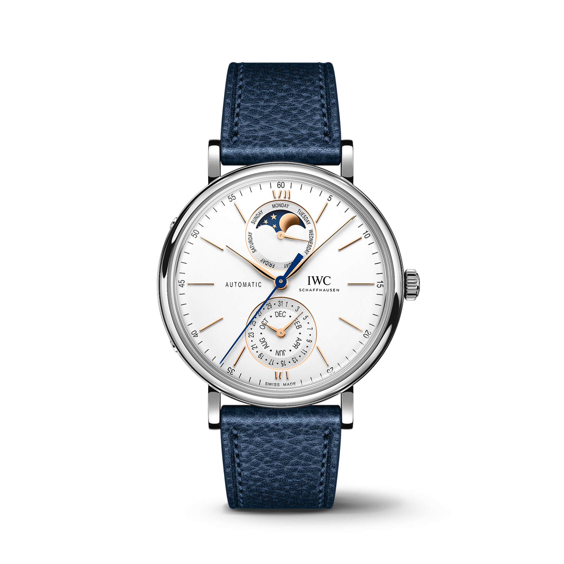 IWC Schaffhausen Portofino Complete Calendar 41 mm Silver  Dial Stainless Steel Blue   Strap IW359001 - WATCHXNYC