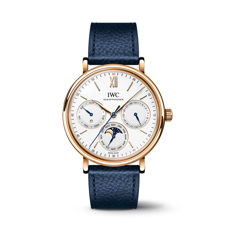 IWC Schaffhausen Portofino Calendario Perpetuo 40 mm Esfera Plateada Caja de Oro 5N de 18 Kt Correa de Piel de Becerro Azul IW344602 