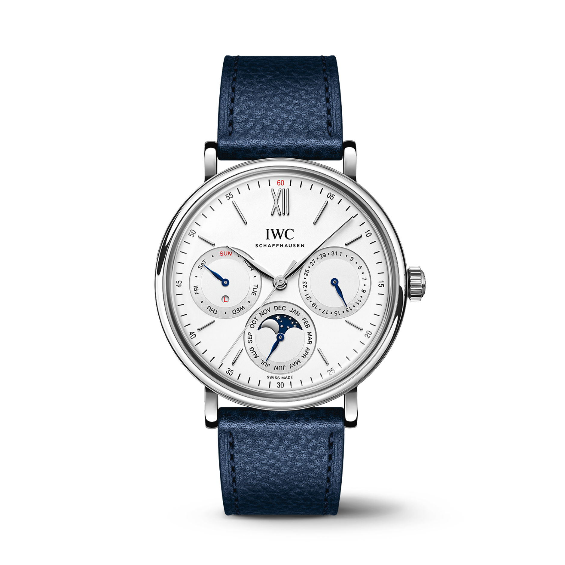 IWC Schaffhausen Portofino Perpetual Calendar 40 mm Silver  Dial Stainless Steel Blue   Strap IW344601 - WATCHXNYC