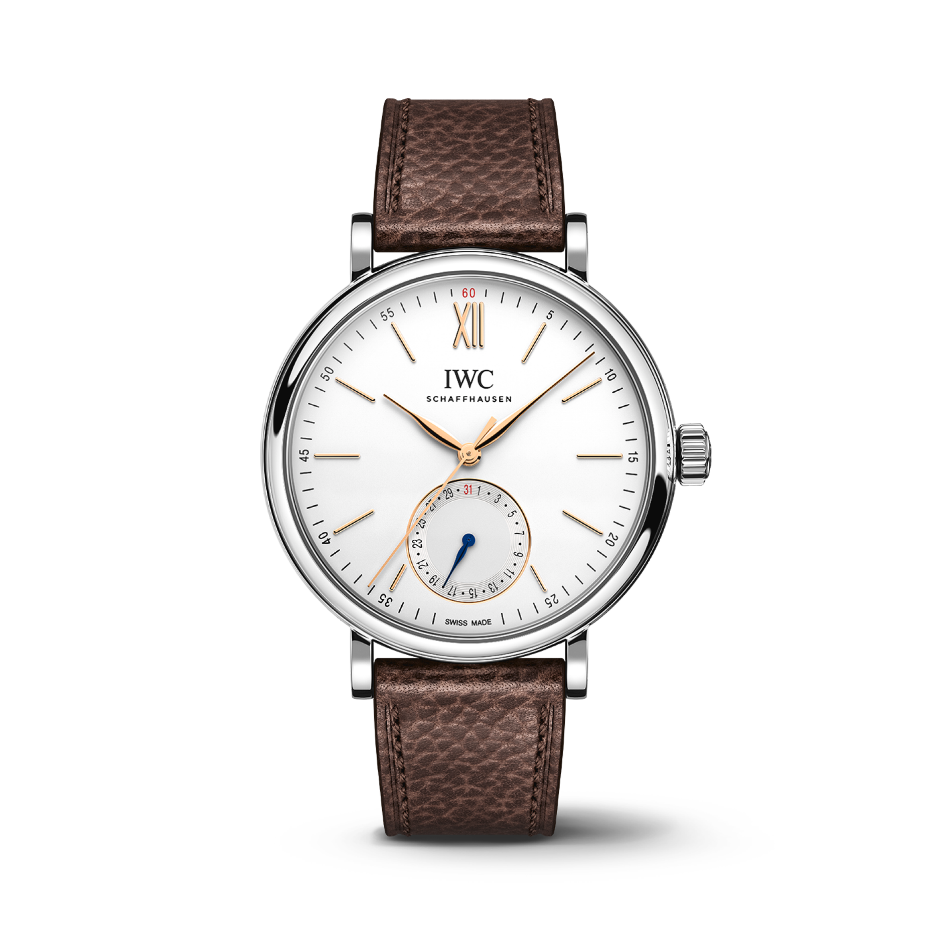 IWC Schaffhausen Portofino Pointer Date 39 mm Silver  Dial Stainless Steel Brown   Strap IW359201 - WATCHXNYC