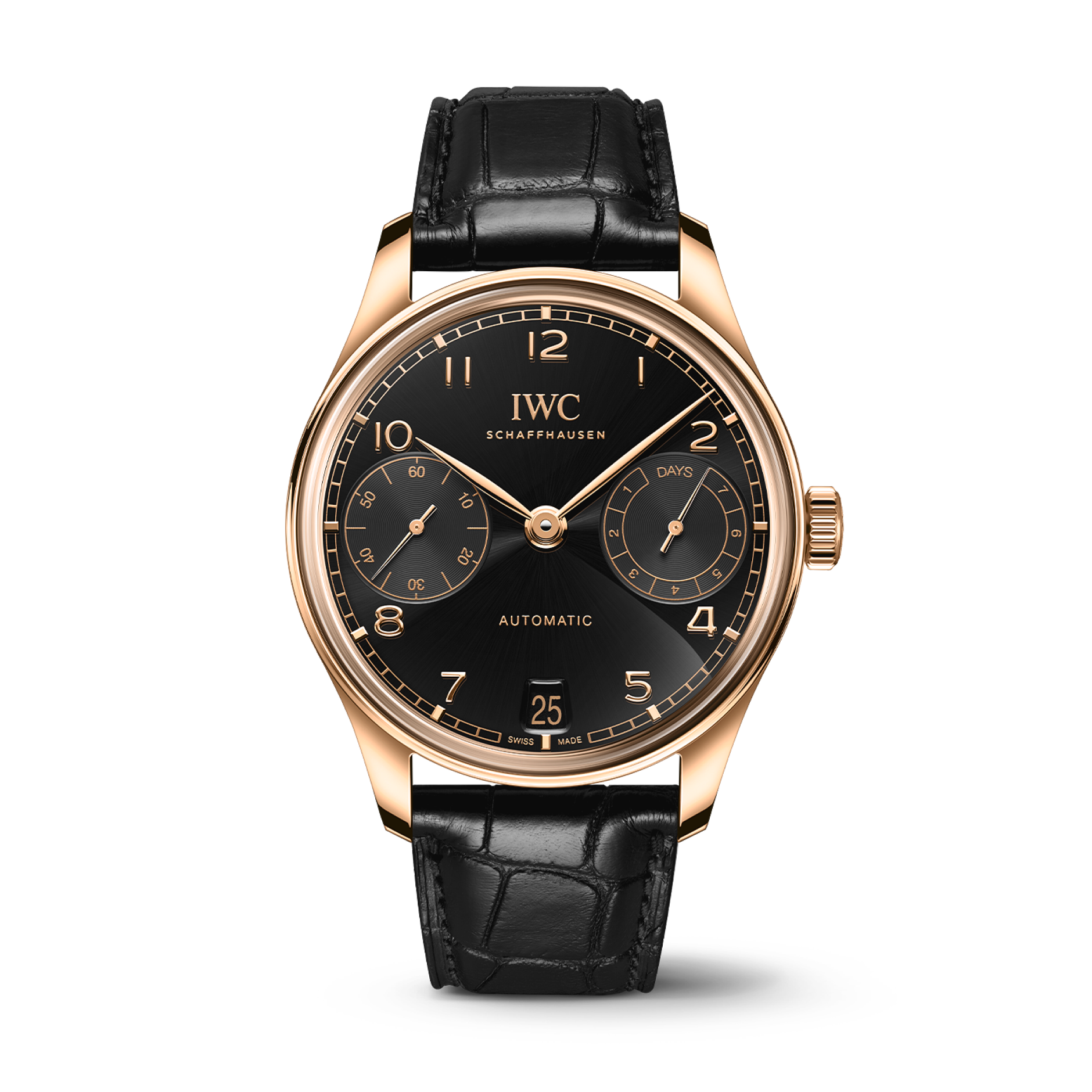 IWC Schaffhausen Portugieser Automatic 42 mm Black Dial 18k 5N Gold Black   Leather Strap IW501707 - WATCHXNYC