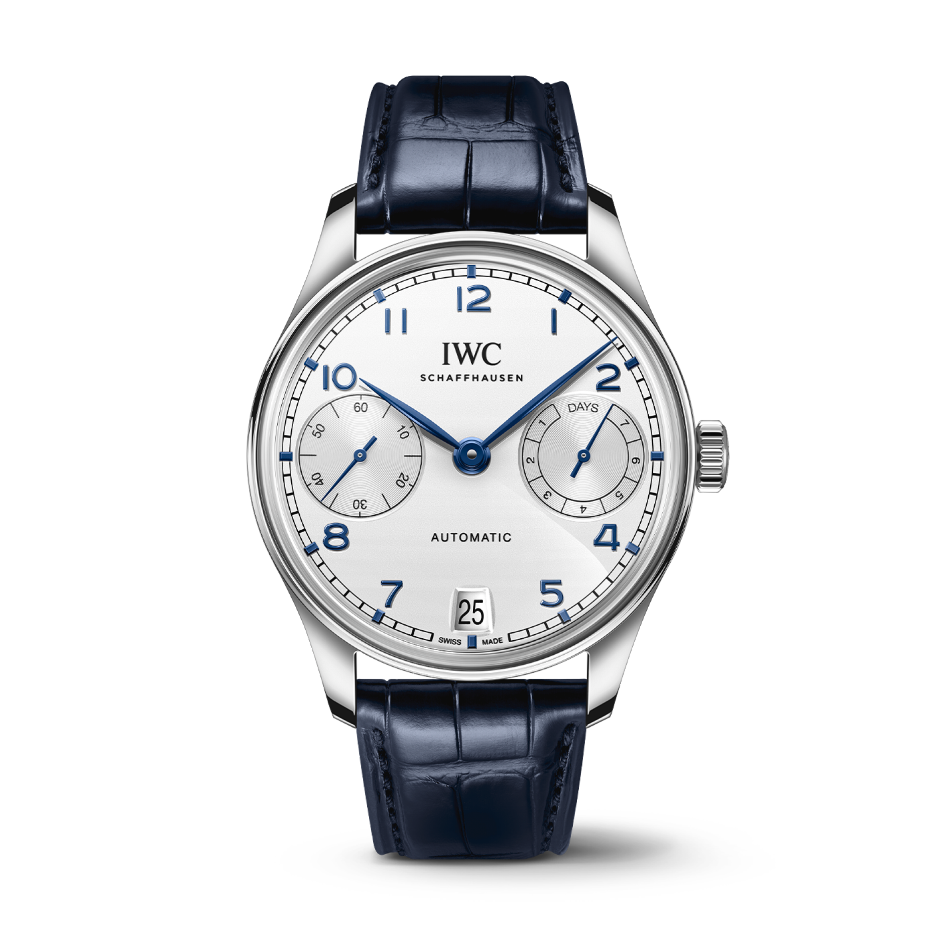 IWC Schaffhausen Portugieser Automatic 42 mm Silver Dial Stainless Steel Blue   Leather Strap IW501702 - WATCHXNYC
