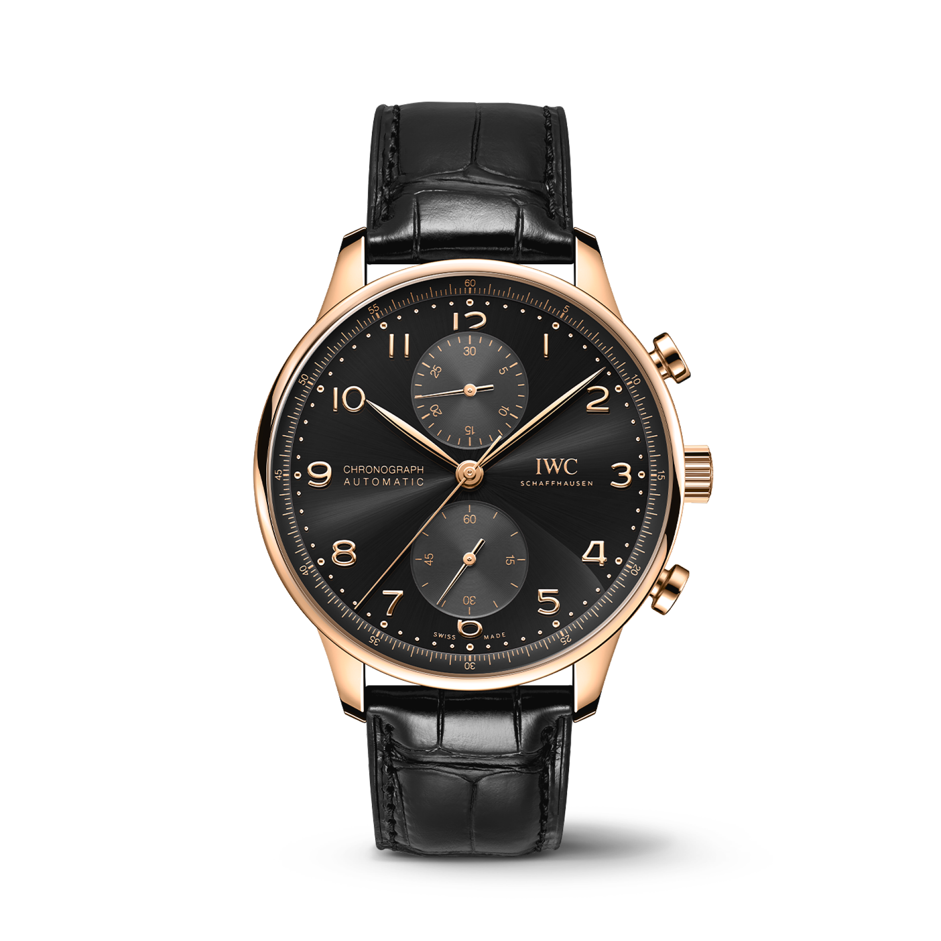 IWC Schaffhausen Portugieser Chronograph 41 mm Black Dial 18k 5N Gold Black   Leather Strap IW371625 - WATCHXNYC