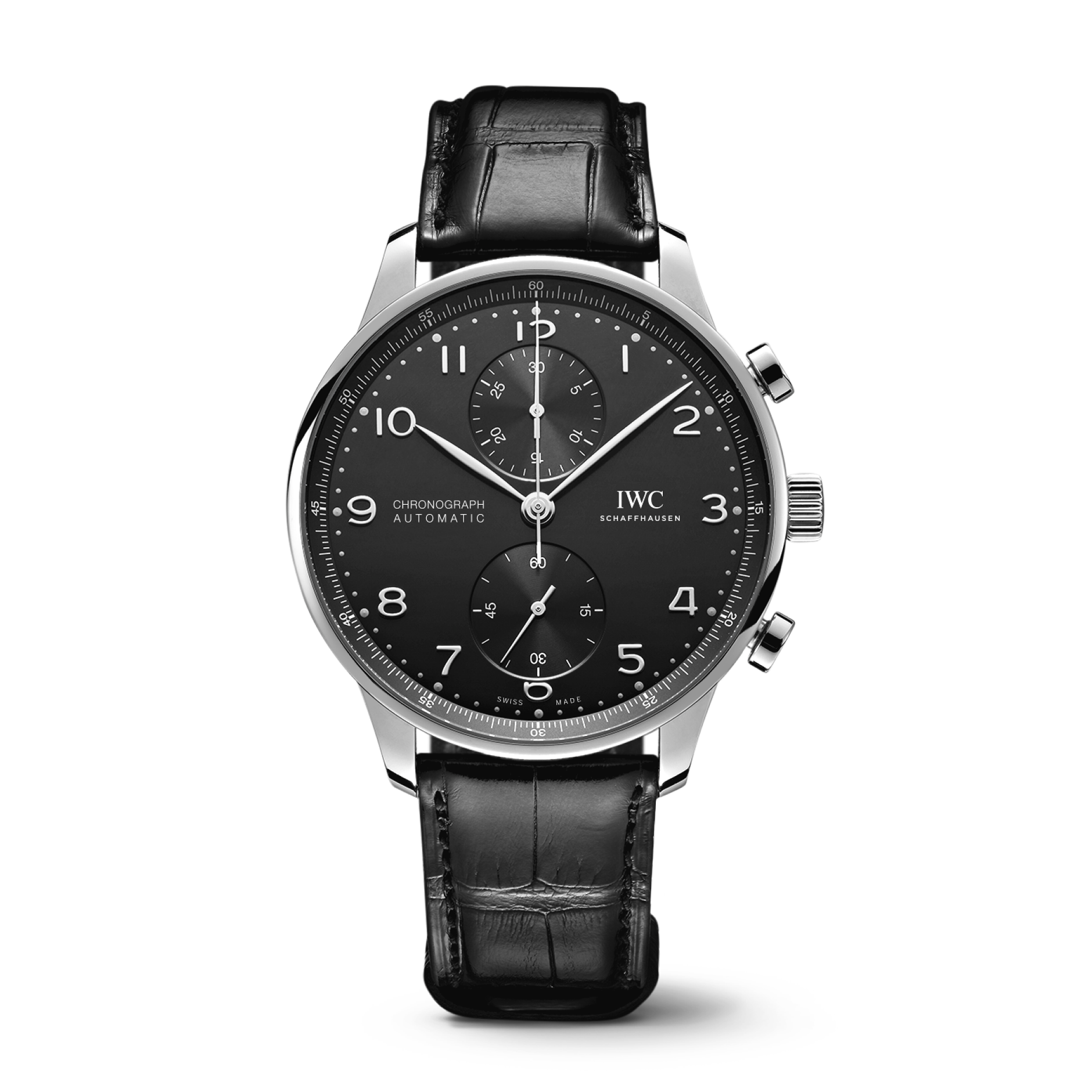 IWC Schaffhausen Portugieser Chronograph 41 mm Black Dial Stainless Steel Black   Leather Strap IW371609 - WATCHXNYC