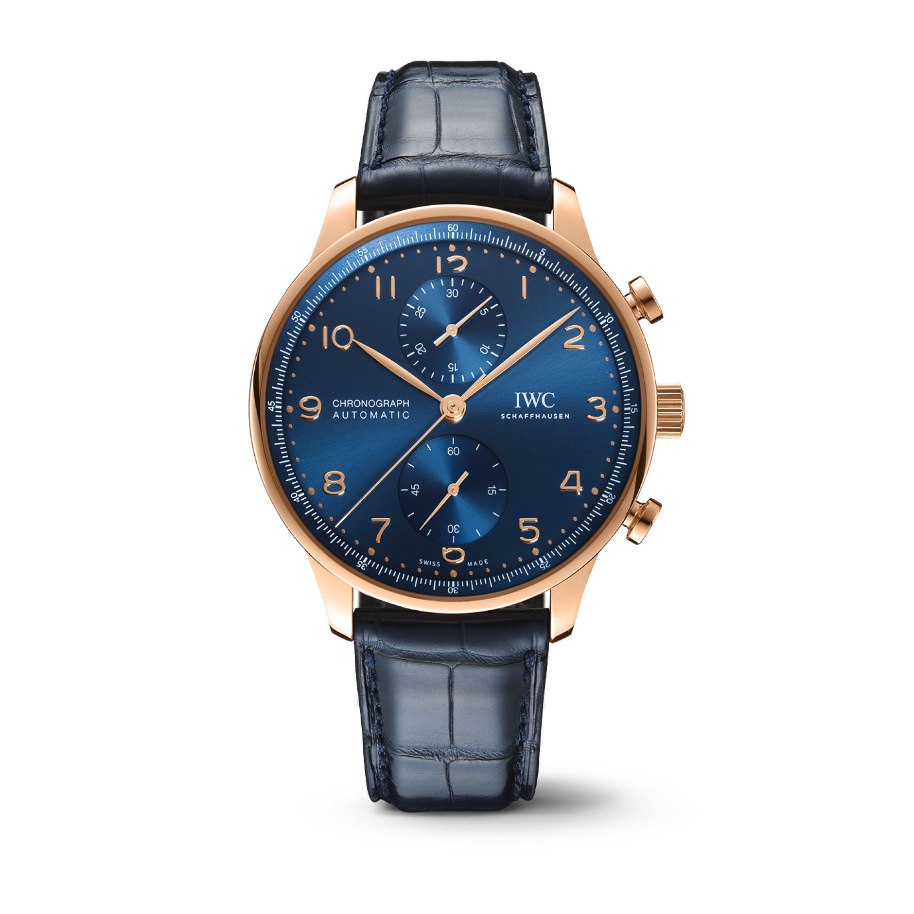 IWC Schaffhausen Portugieser Chronograph 41 mm Blue Dial 18k 5N Gold Blue   Leather Strap IW371614 - WATCHXNYC