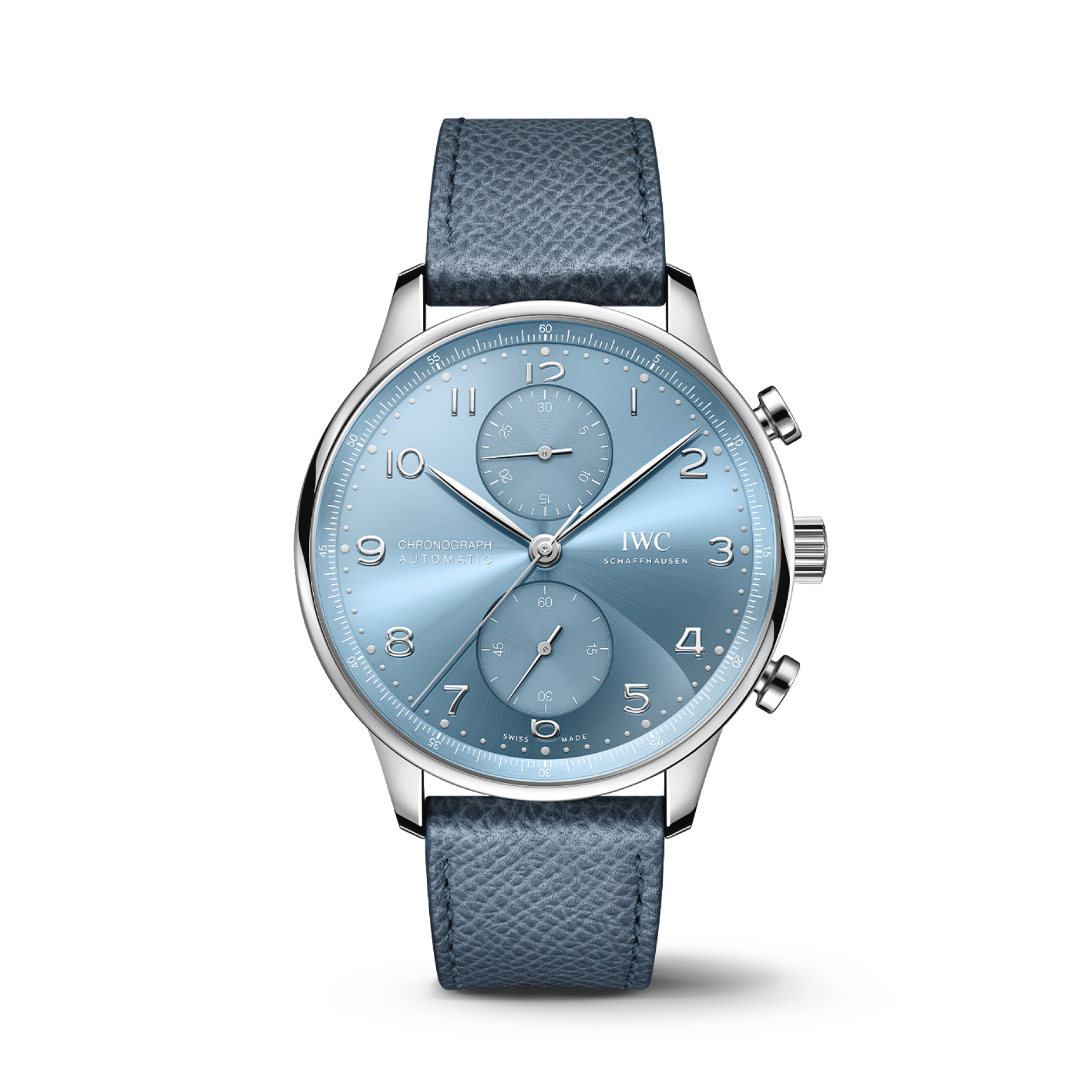 IWC Schaffhausen Portugieser Chronograph 41 mm Blue Dial 18k White Gold Light Blue   Strap IW371626 - WATCHXNYC
