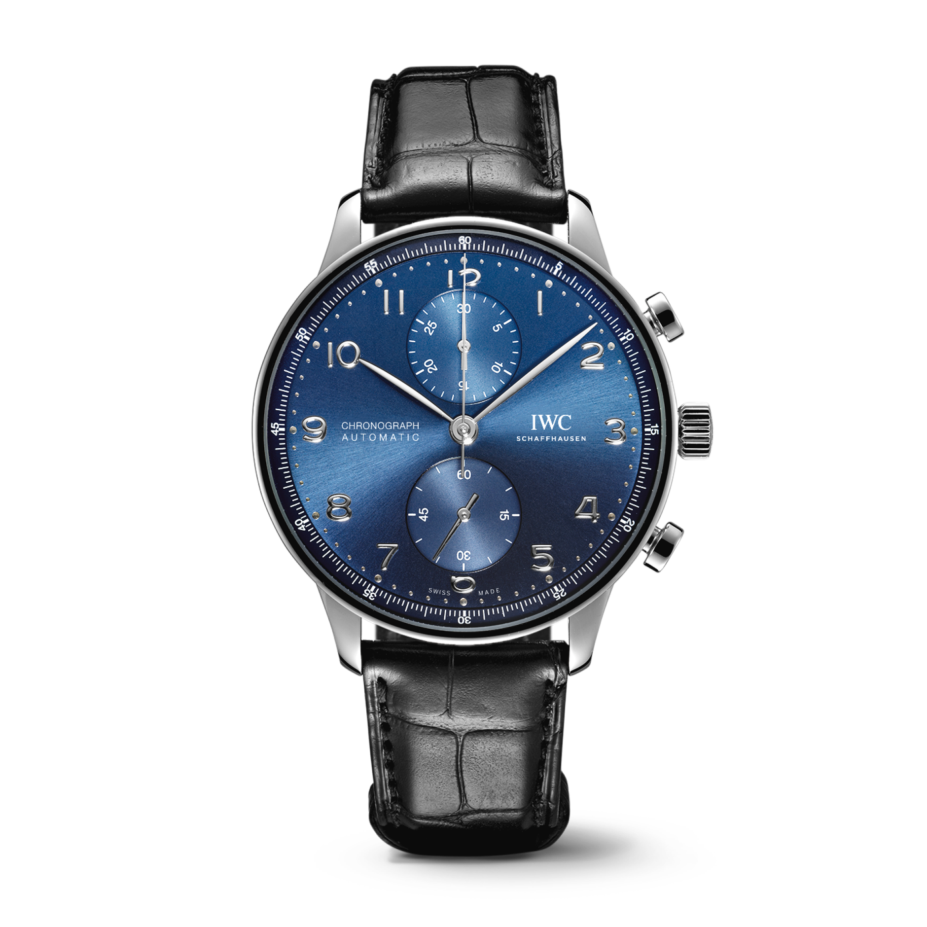 IWC Schaffhausen Portugieser Chronograph 41 mm Blue Dial Stainless Steel Black   Leather Strap IW371606 - WATCHXNYC