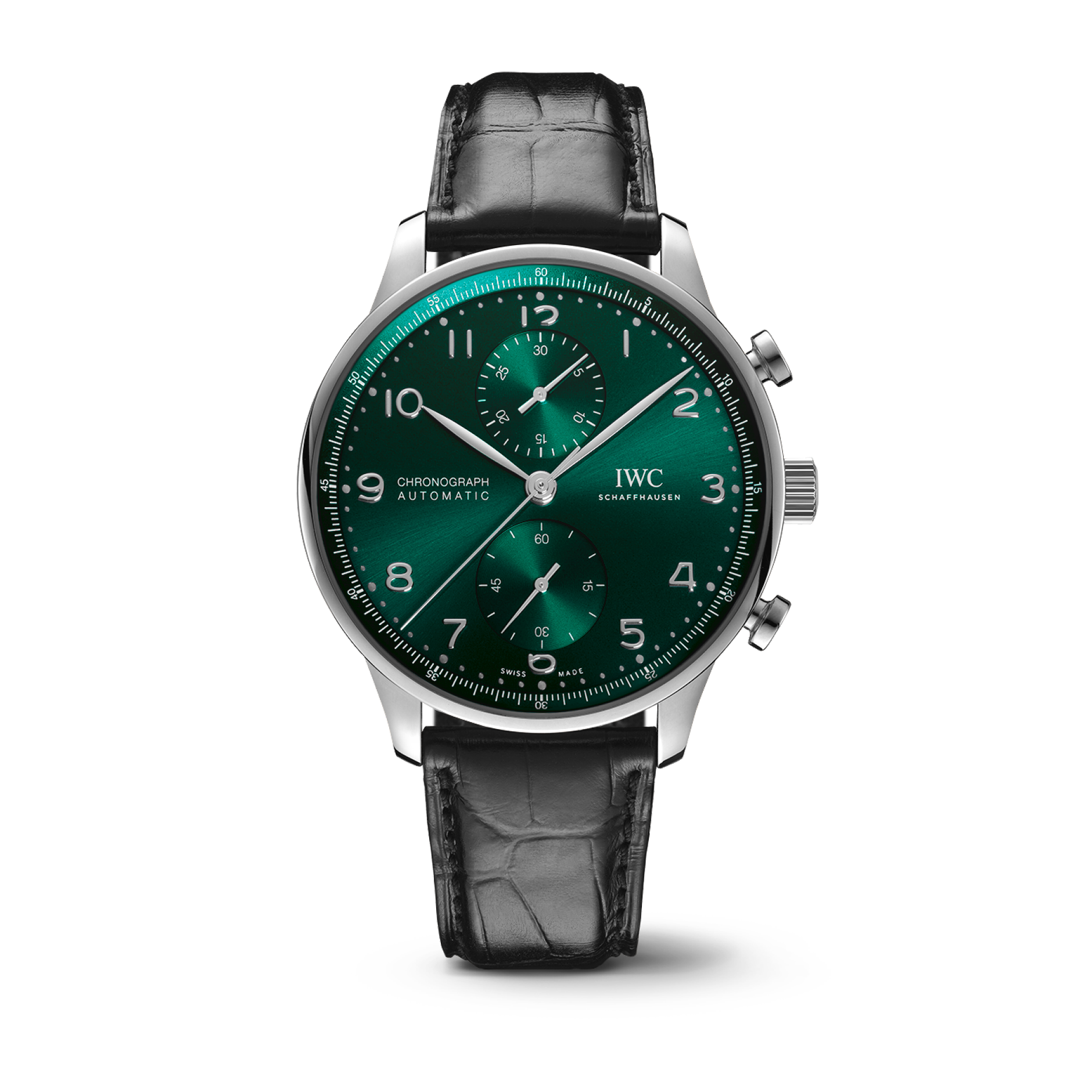 IWC Schaffhausen Portugieser Chronograph 41 mm Green Dial Stainless Steel Black   Leather Strap IW371615 - WATCHXNYC