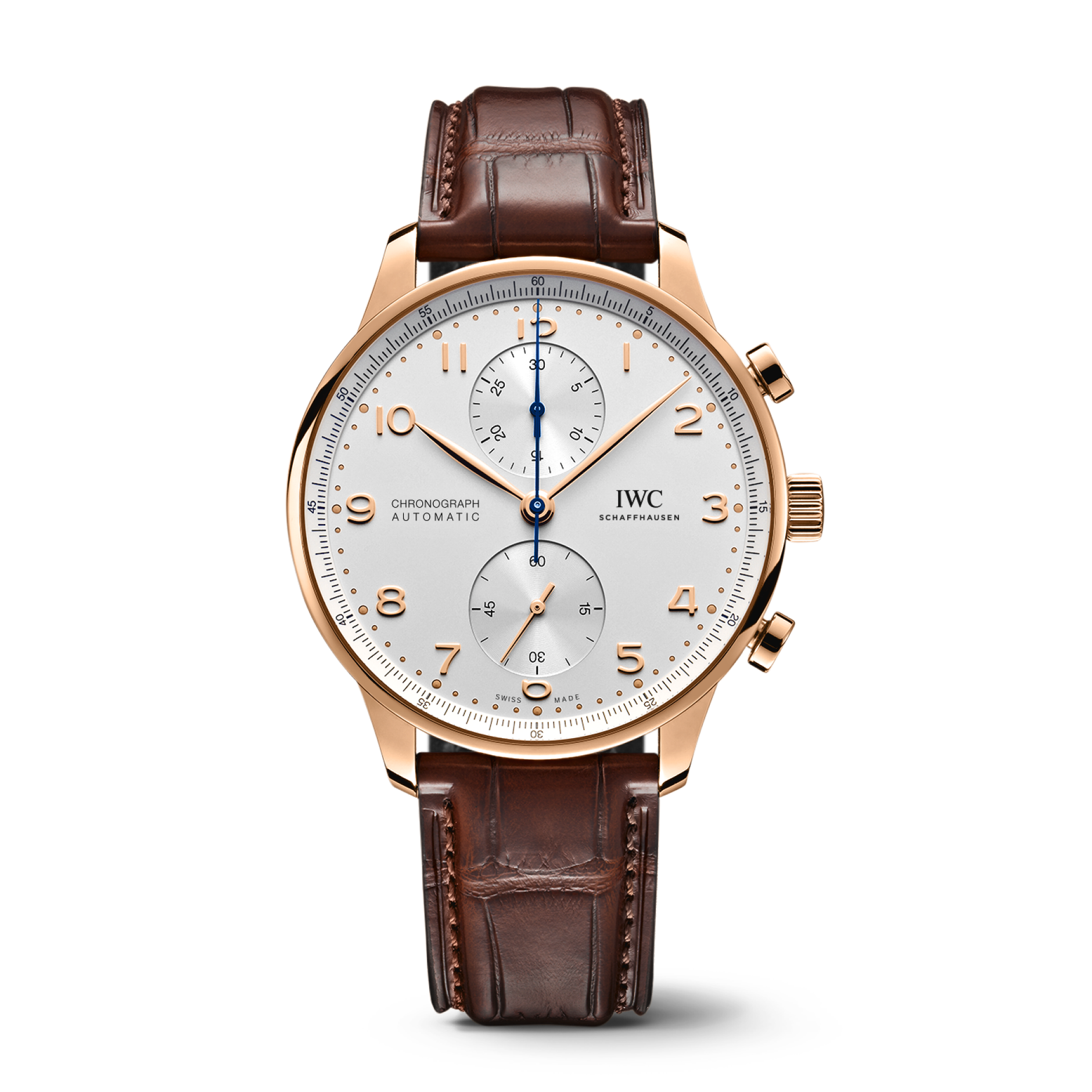 IWC Schaffhausen Portugieser Chronograph 41 mm Silver Dial 18k 5N Gold Dark Brown   Leather Strap IW371611 - WATCHXNYC