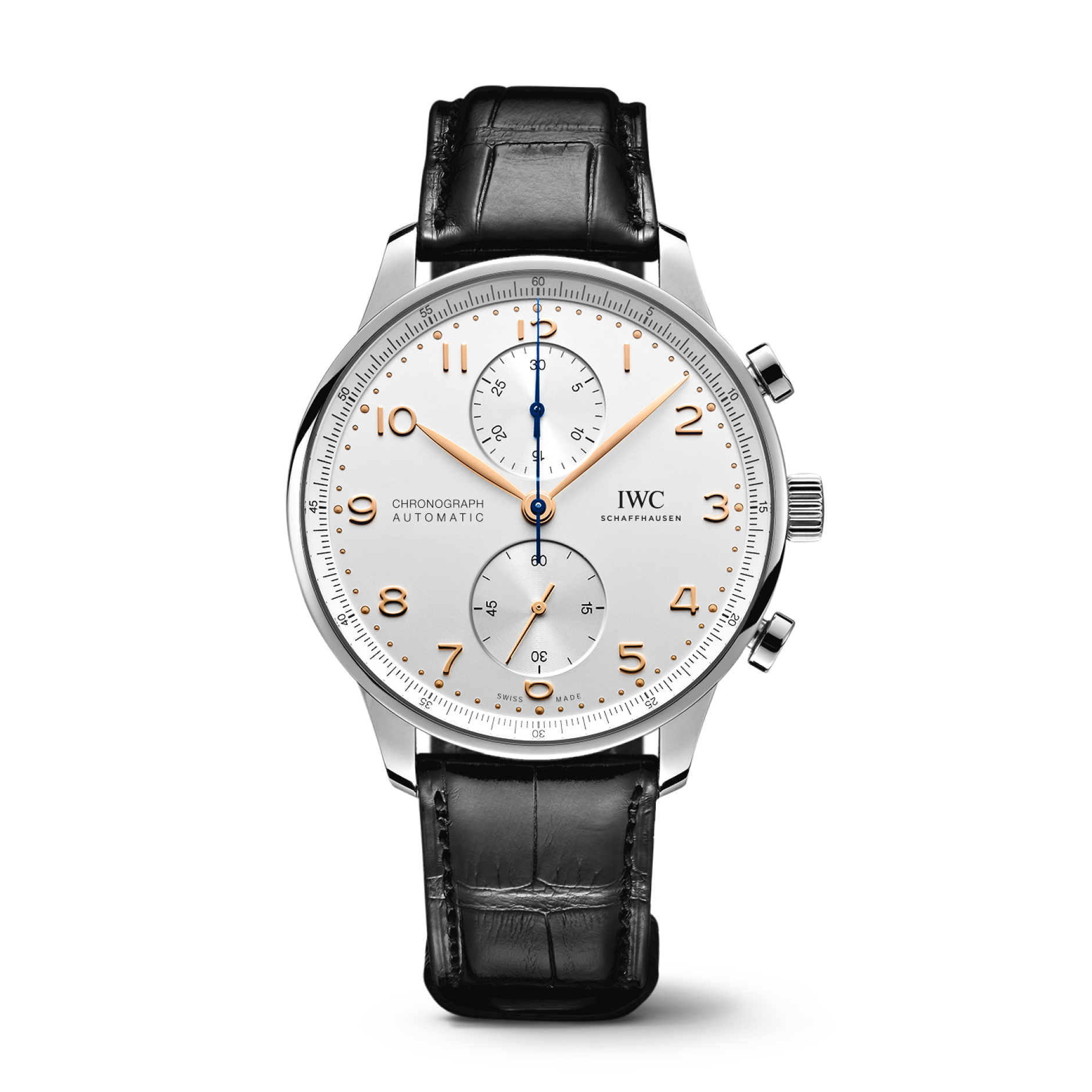 IWC Schaffhausen Portugieser Chronograph 41 mm Silver Dial Stainless Steel Black   Leather Strap IW371604 - WATCHXNYC