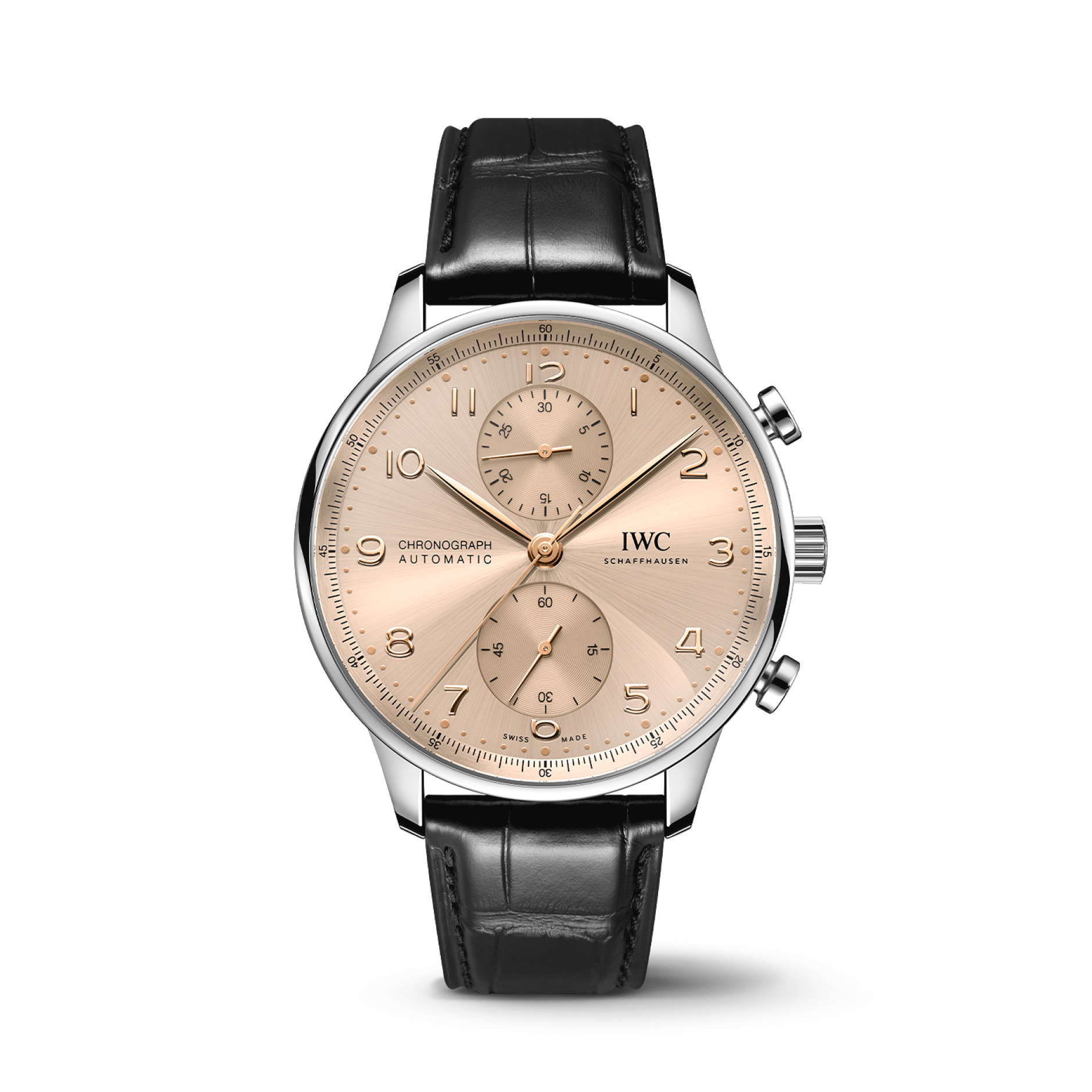 IWC Schaffhausen Portugieser Chronograph 41 mm Sparkling Beige Dial Stainless Steel Black   Leather Strap IW371624 - WATCHXNYC
