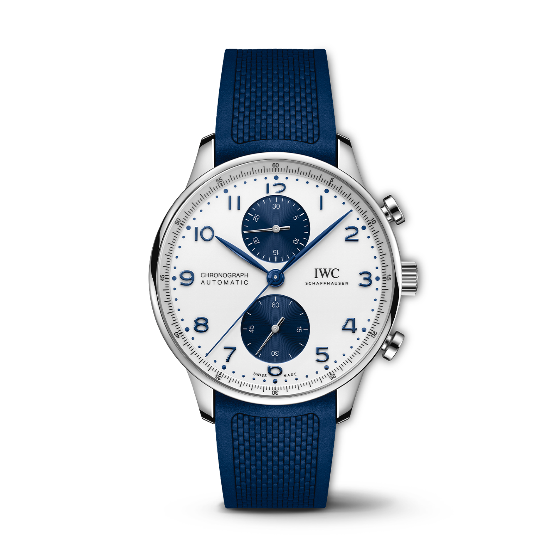 IWC Schaffhausen Portugieser Chronograph 41 mm White Dial Stainless Steel Blue Rubber Strap IW371620 - WATCHXNYC